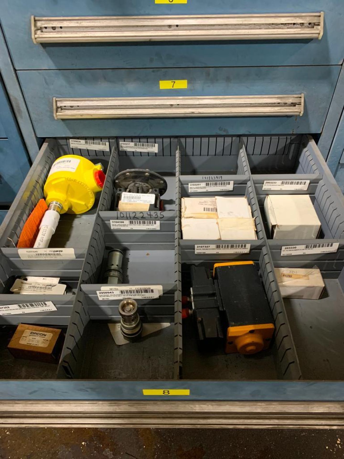 Stanley Vidmar 9-Drawer Cabinet w/ Nozzles, Pneumatic Pressure Regulators, Assorted Valves, Lubricat - Image 9 of 10