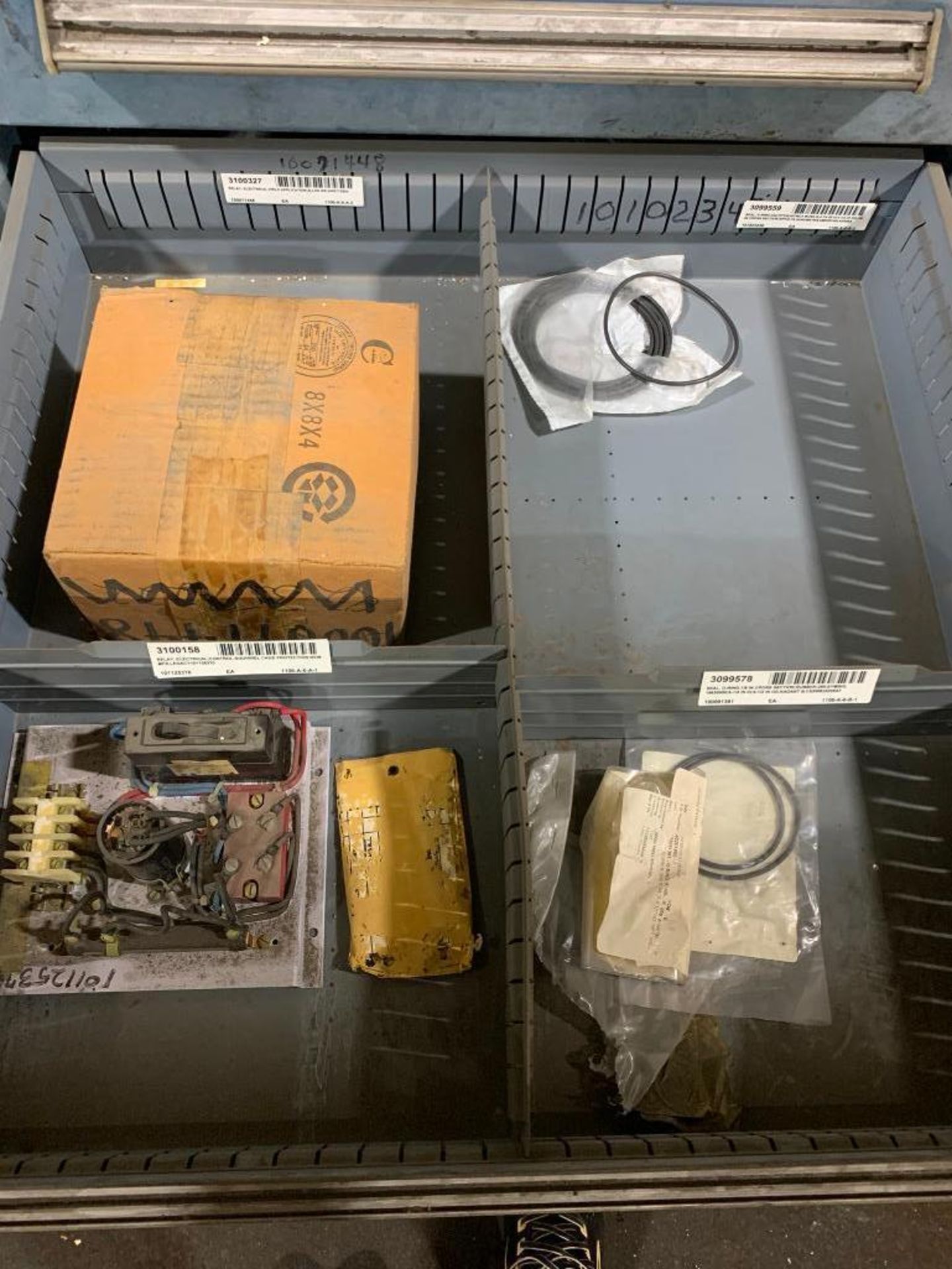 Stanley Vidmar 8-Drawer Cabinet w/ Assorted Seals, O-Rings, Allen Bradley Relay, Transformers, Resis - Image 7 of 9