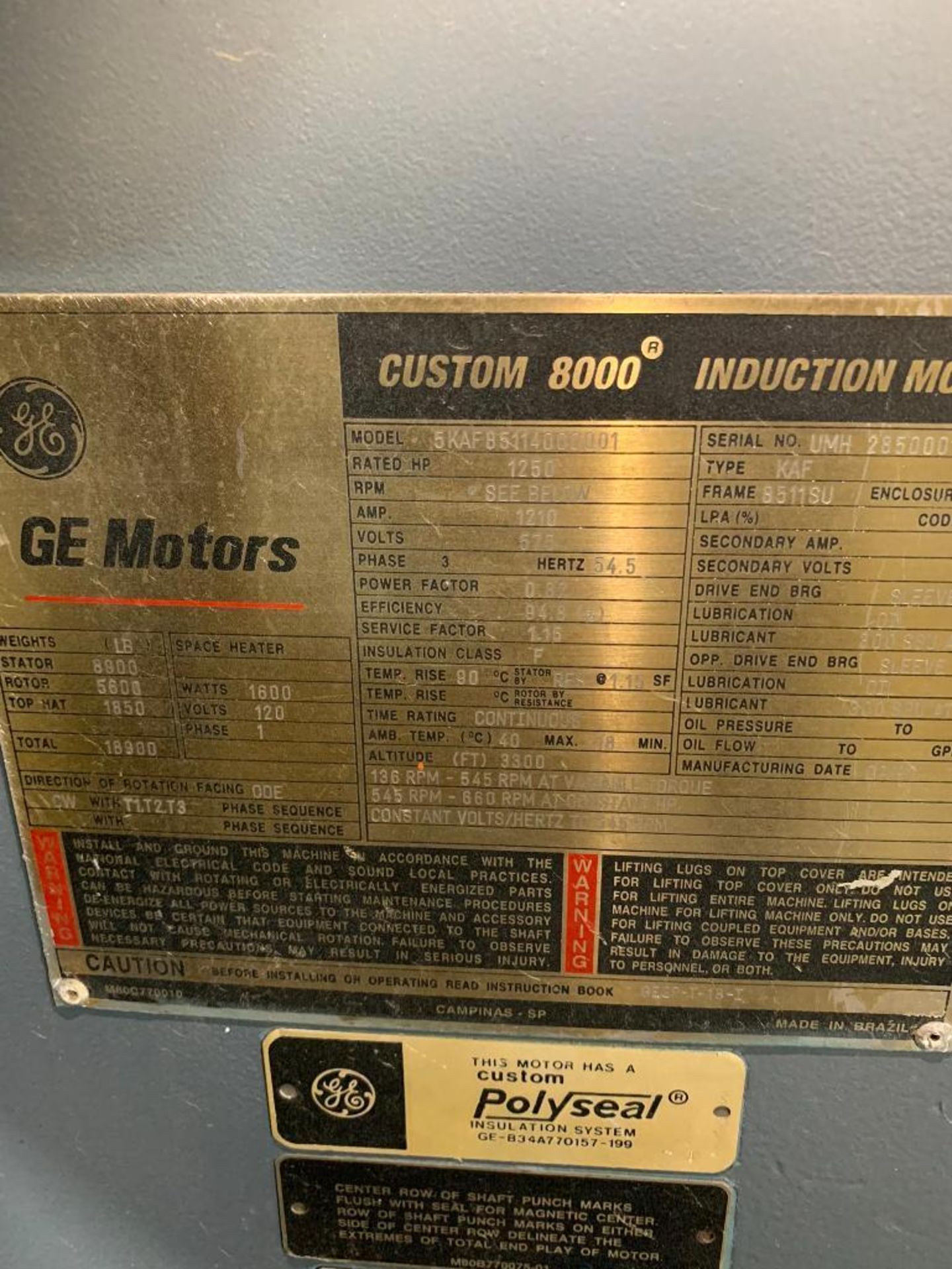 GE Custom 8000 1250-HP Induction Motor, Model 5KAF85114000001, 136-545 RPM, 545-660 RPM, 575 V, 3 PH - Image 5 of 5