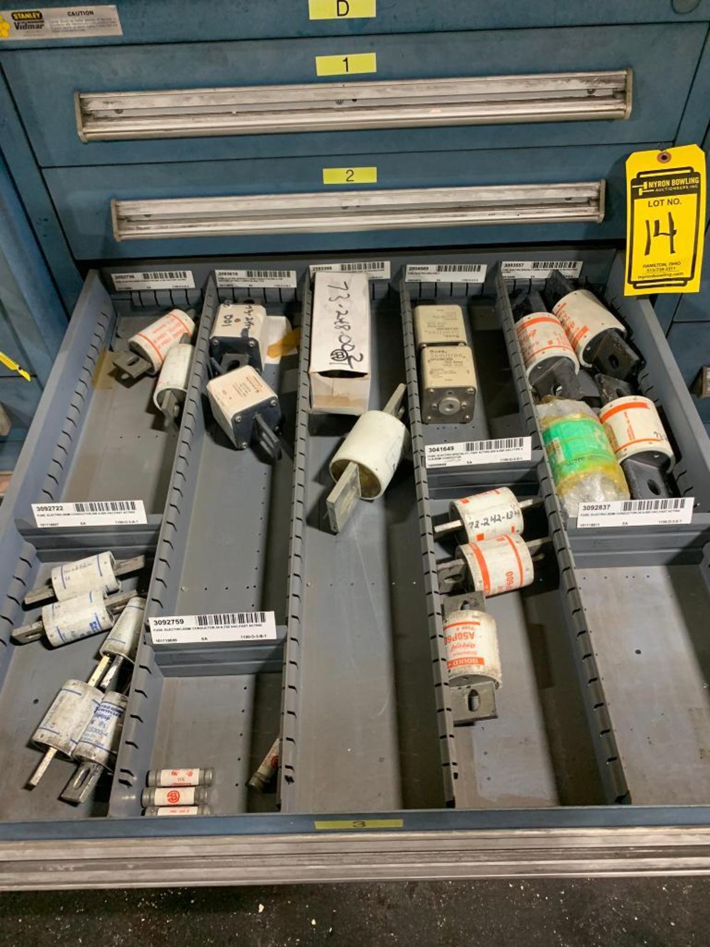 Stanley Vidmar 9-Drawer Cabinet w/ Electrical Components; Assorted Fuses, Connectors, Receptacles, F - Image 4 of 10