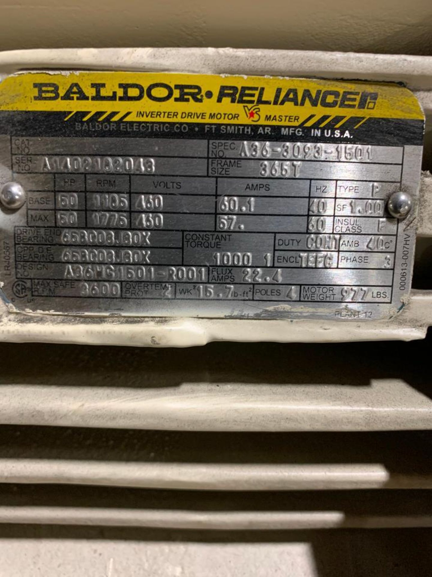 Baldor 50-HP Electric Motor, 1185/1775 RPM, 460 V, 3 Phase, FR: 365T - Bild 3 aus 3