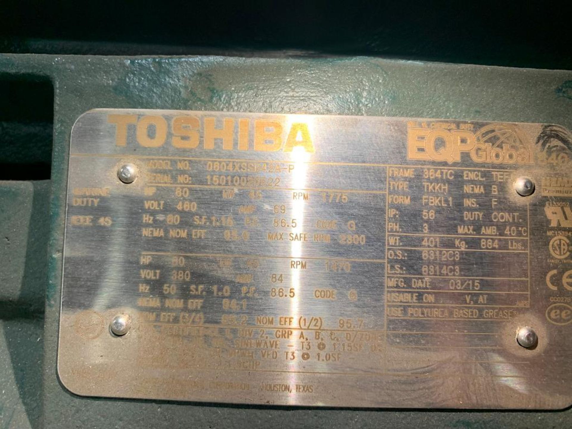 (2x) Electric Motors; (1) Toshiba 60-HP Marine Duty, 1775 RPM, 460 V, 3 Phase, FR: 364TC & (1) Toshi - Image 3 of 3