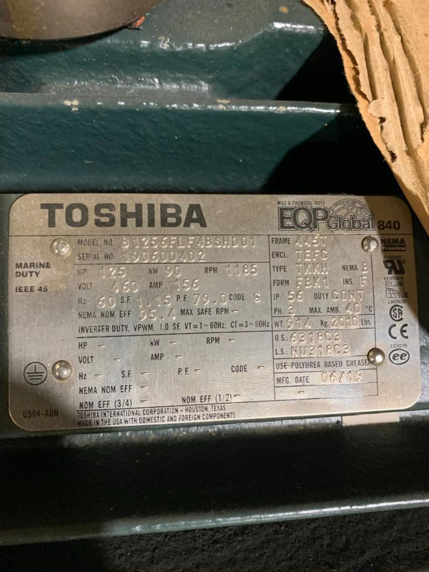 Toshiba 125-HP Electric Motor, 1185 RPM, 460 V, 3 PH, FR; 445T - Image 3 of 3
