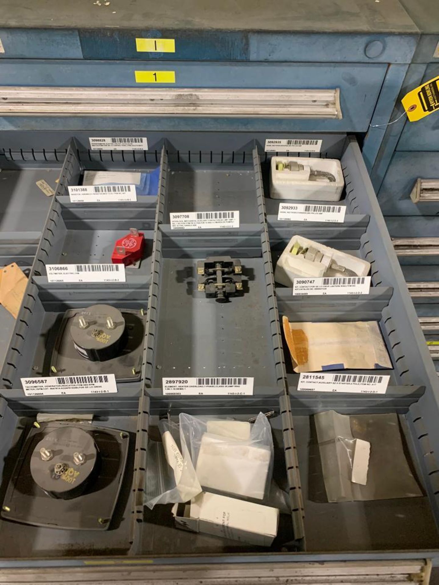 Stanley Vidmar 8-Drawer Cabinet w/ Electrical Components; Resistors, Voltmeters, Tachometers, Temper - Image 3 of 9