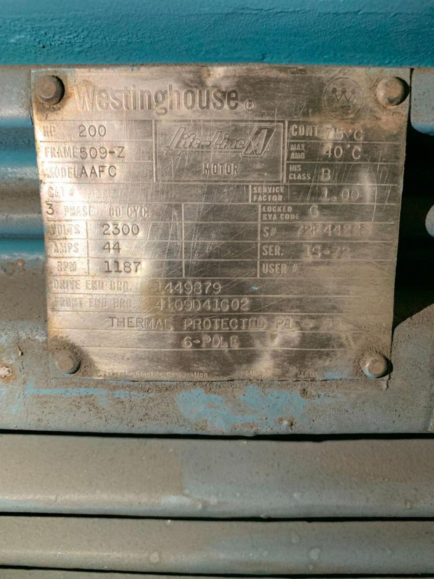 Westinghouse 200-HP Electric Motor, 1187 RPM, 2300 V, 3 PH, FR; 509Z - Image 3 of 3