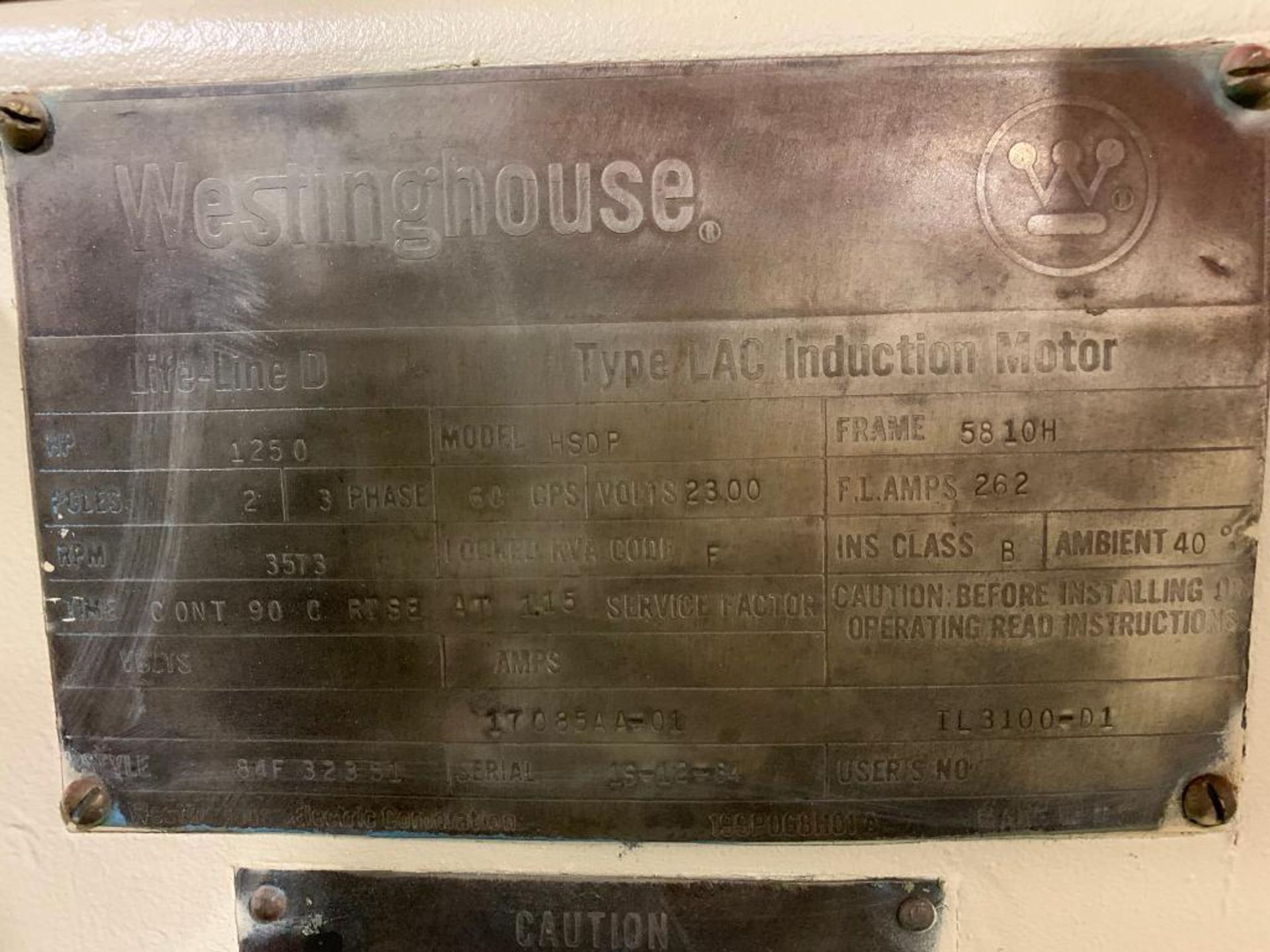 Westinghouse 1250-HP Electric Motor, 3573 RPM, 2300 V, 3 Phase, FR: 5810H - Image 3 of 3