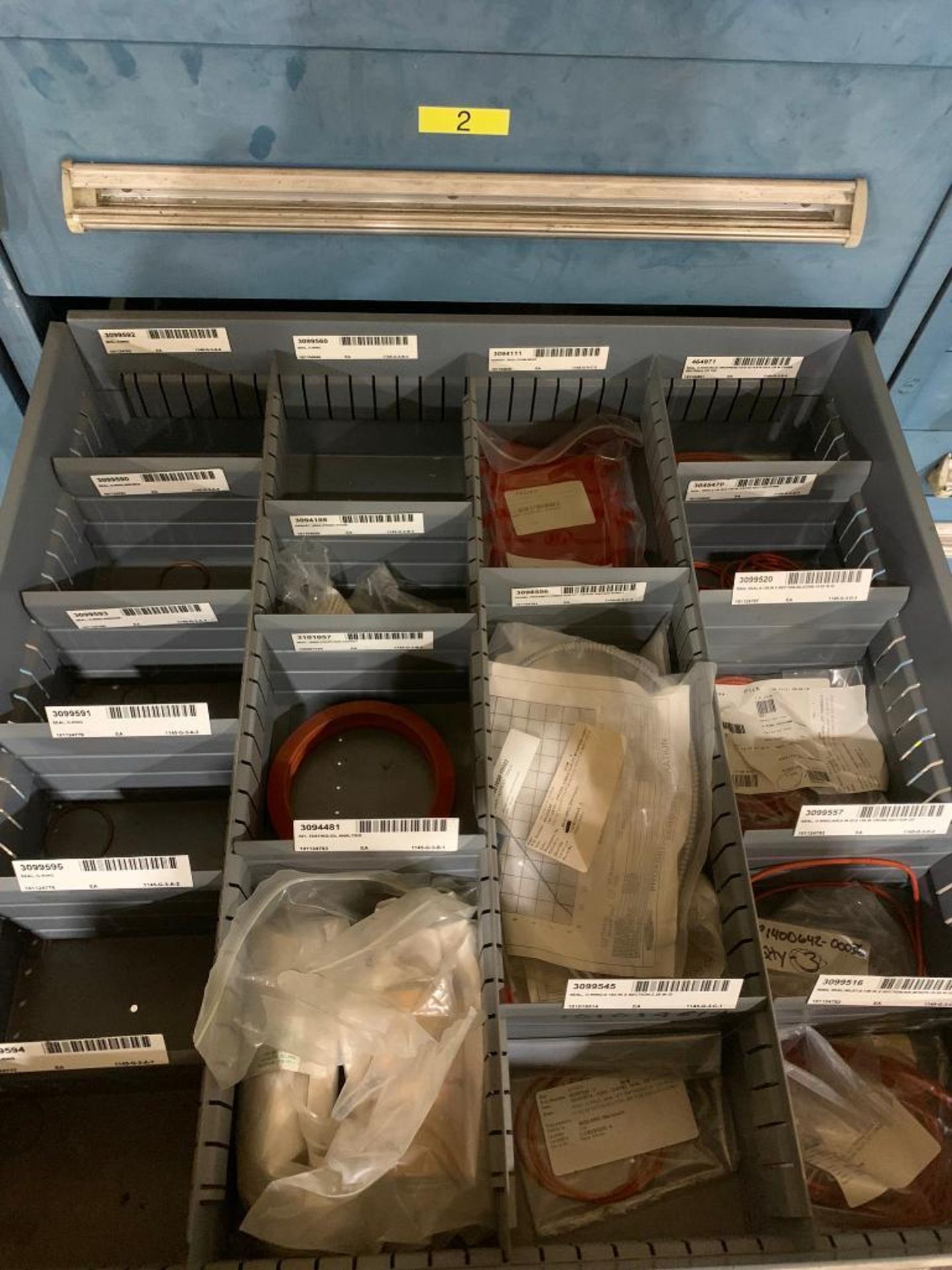 Stanley Vidmar 6-Drawer Cabinet w/ Assorted Repair Parts, Proximity Probe, Seals, Allen Bradley Circ - Image 4 of 7