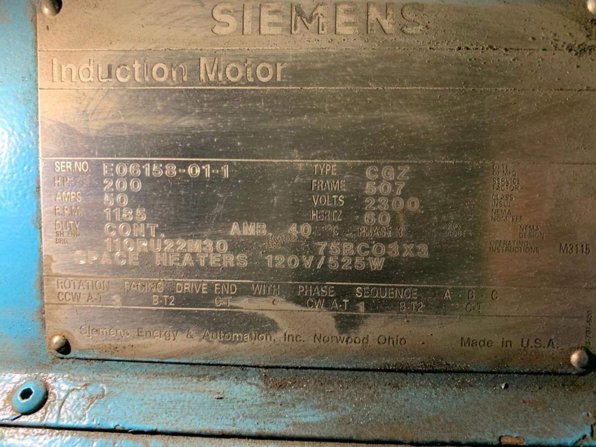 Siemens 200-HP Electric Motor, 1185 RPM, 2300 V, 3 PH, FR; 507 - Image 3 of 3