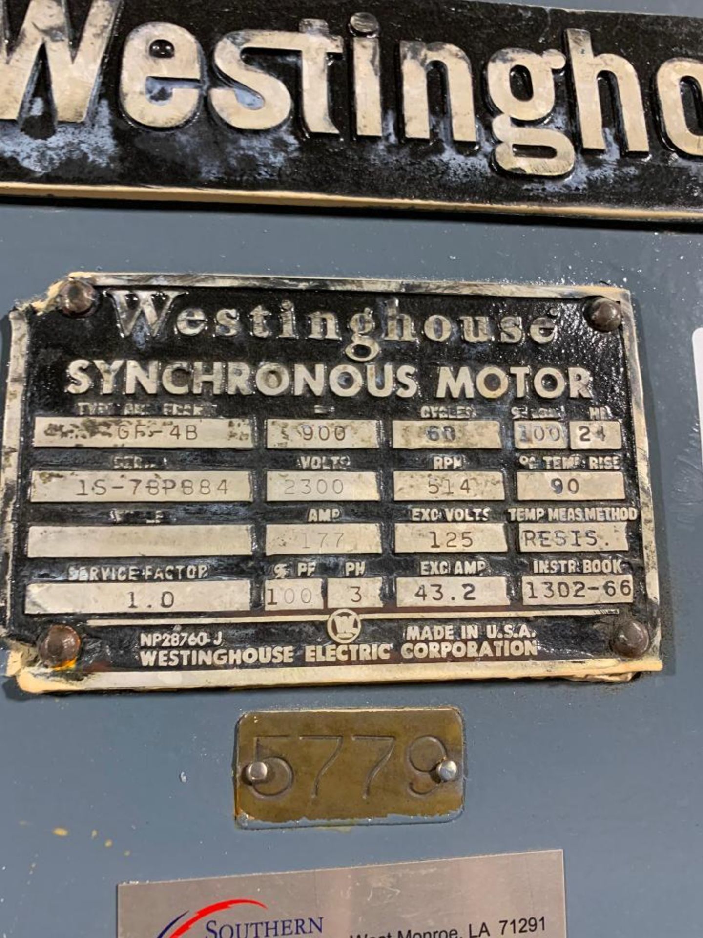 Westinghouse 900-HP Synchronous Motor, 514 RPM, 2300 V, 3 PH, FR: GF4B - Image 6 of 6