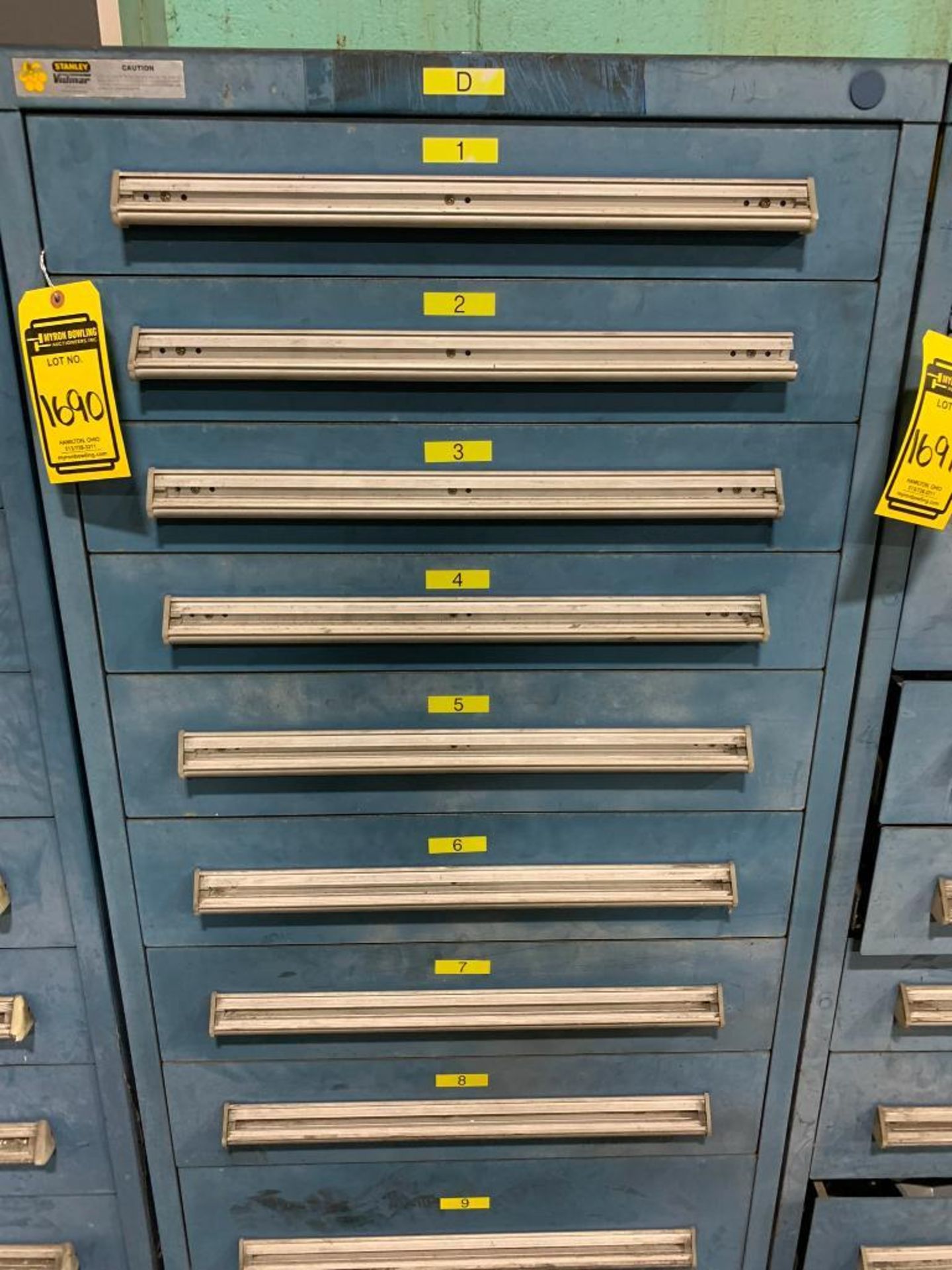 Stanley Vidmar 9-Drawer Cabinet w/ Transformers, Circuit Breakers, Relays, Assorted Switches, Indica
