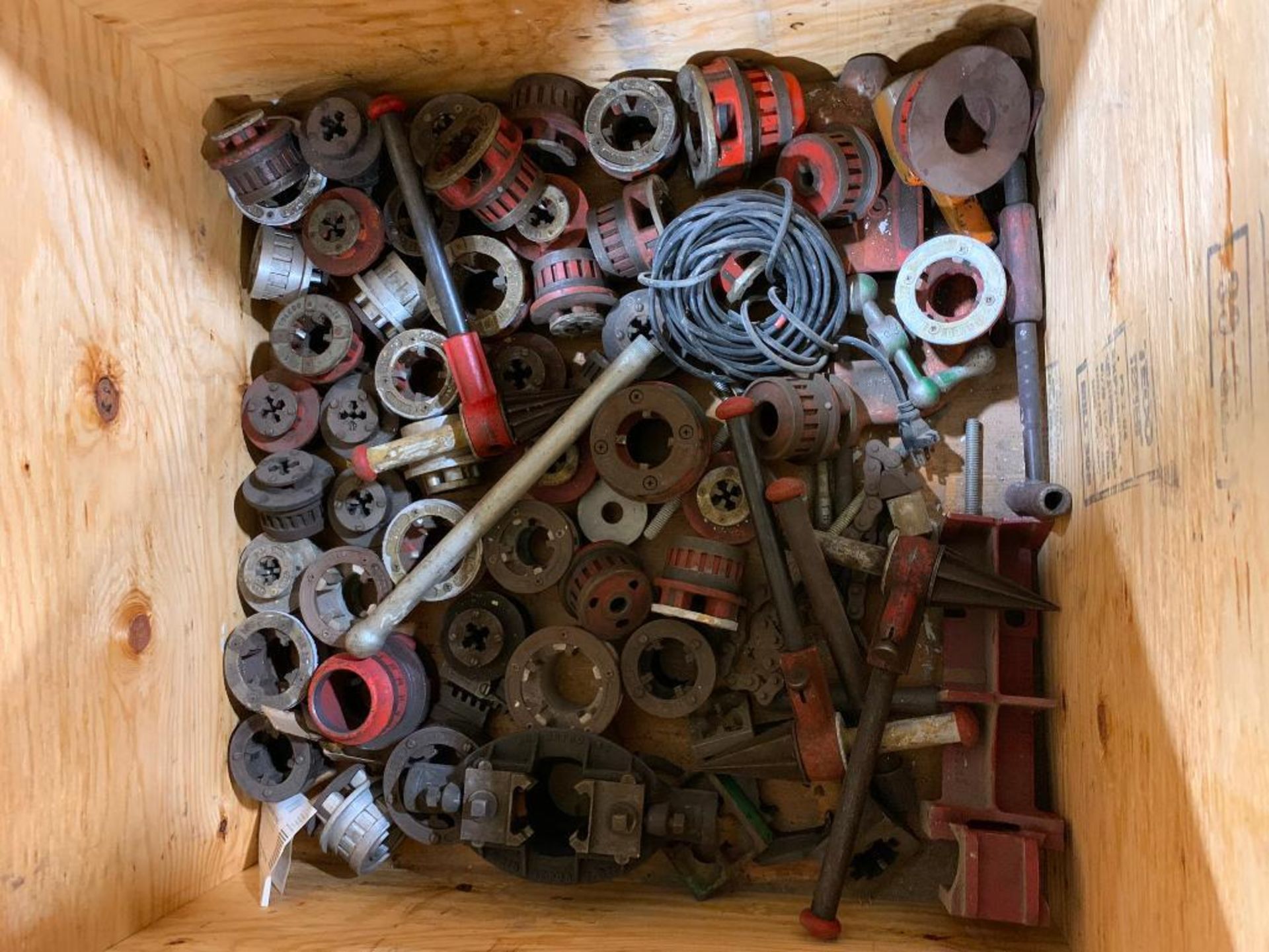 Crate w/ Assorted Thread Dies, Handles, Pipe Reamers