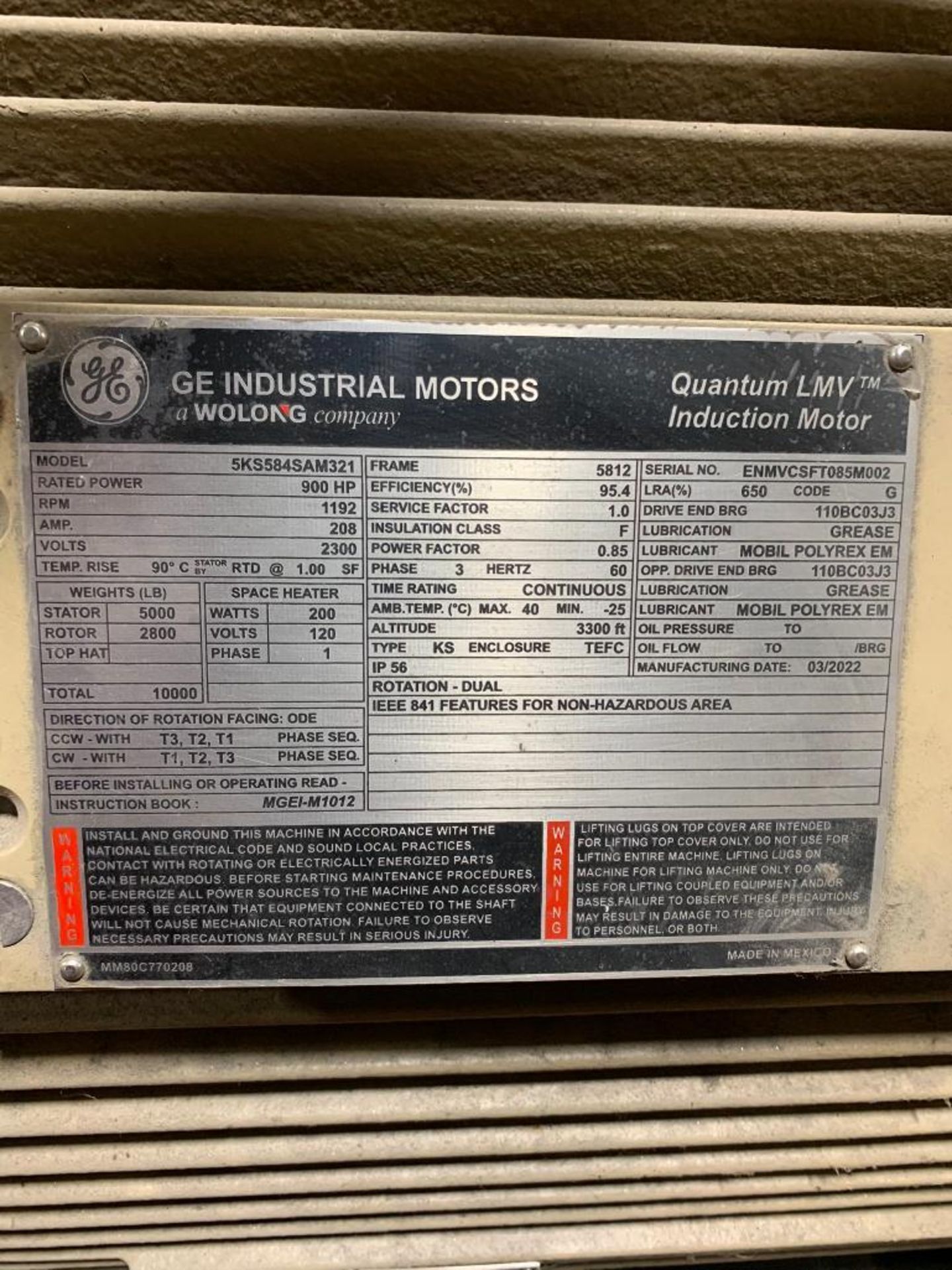 GE 900- HP Quantum LMV Induction Motor, 1192 RPM, 2300 V, 3 PH, FR: 5812 - Image 8 of 8
