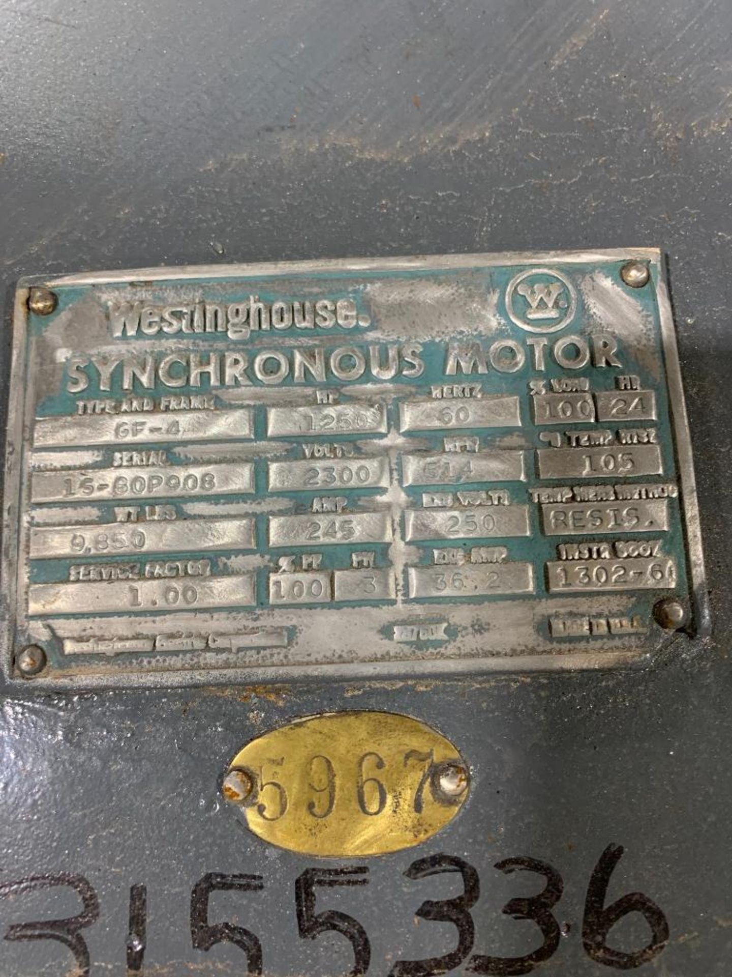 Westinghouse 1250-HP Synchronous Motor, 514 RPM, 2300 V, 3 PH, FR: GF4 - Image 9 of 9