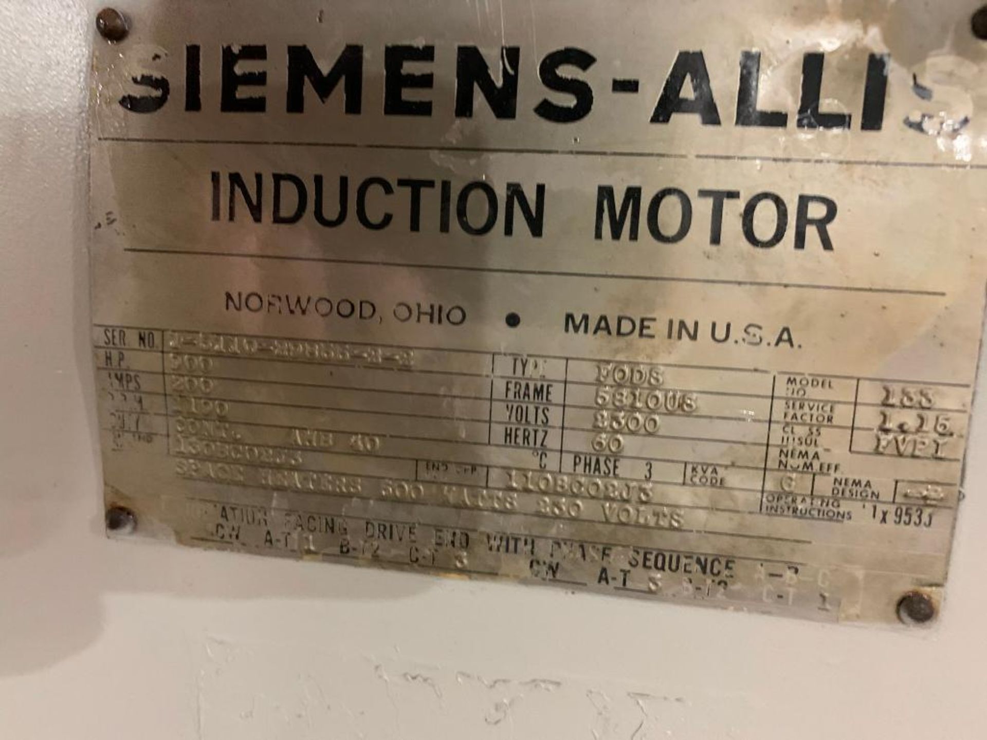 Siemens-Allis 900-HP Induction Motor, 1190 RPM, 2300 V, 3 PH, FR: 581OUS - Image 6 of 6