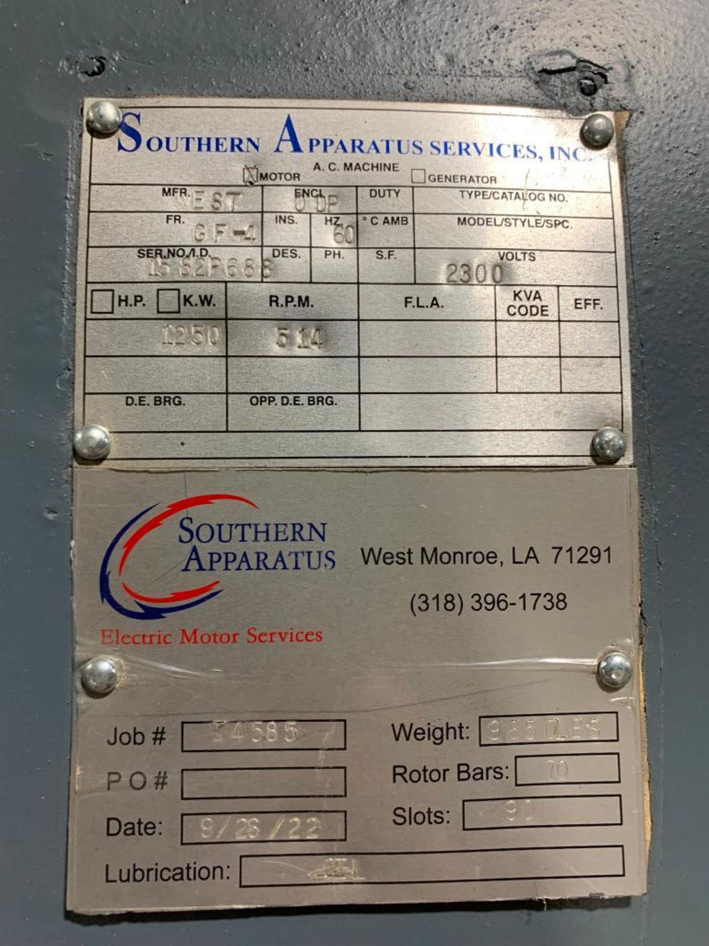 Westinghouse 1250-HP Electric Motor, 514 RPM, 2300 V, 3 PH, FR: GF-4 - Image 5 of 5