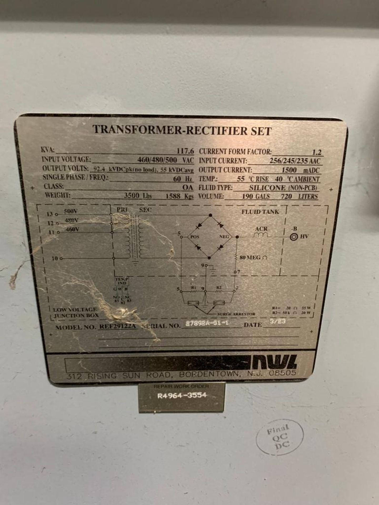 NWL Transformer/Rectifier Set, 117 KVA, Model REF29122A, New 2023 - Image 5 of 5