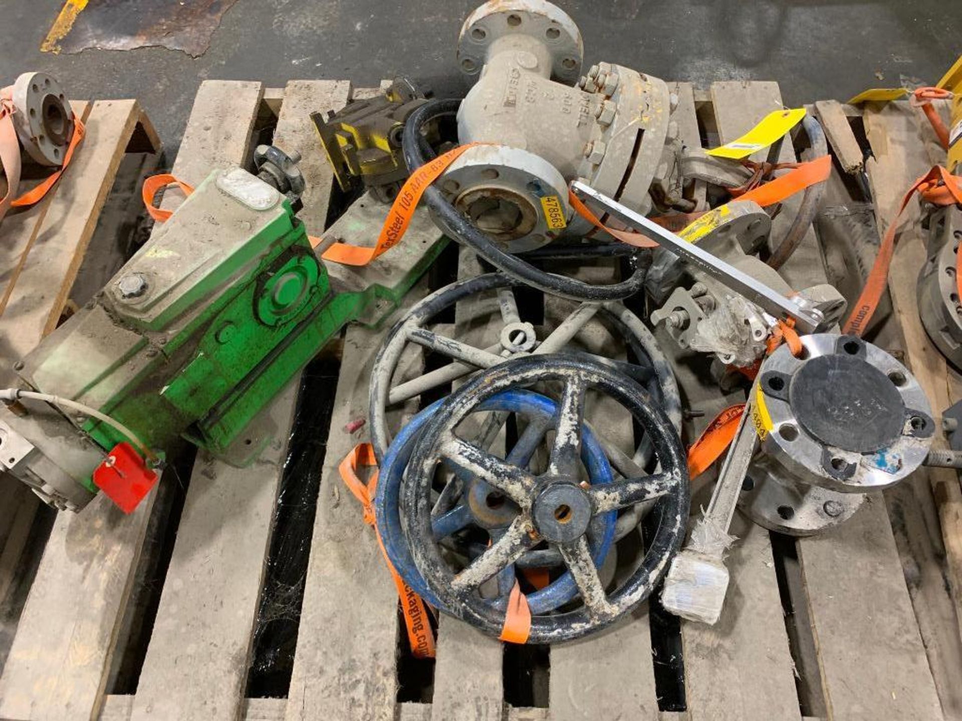 Pallet w/ Assorted Valves, Wheels, Diaphragm Metering Pump