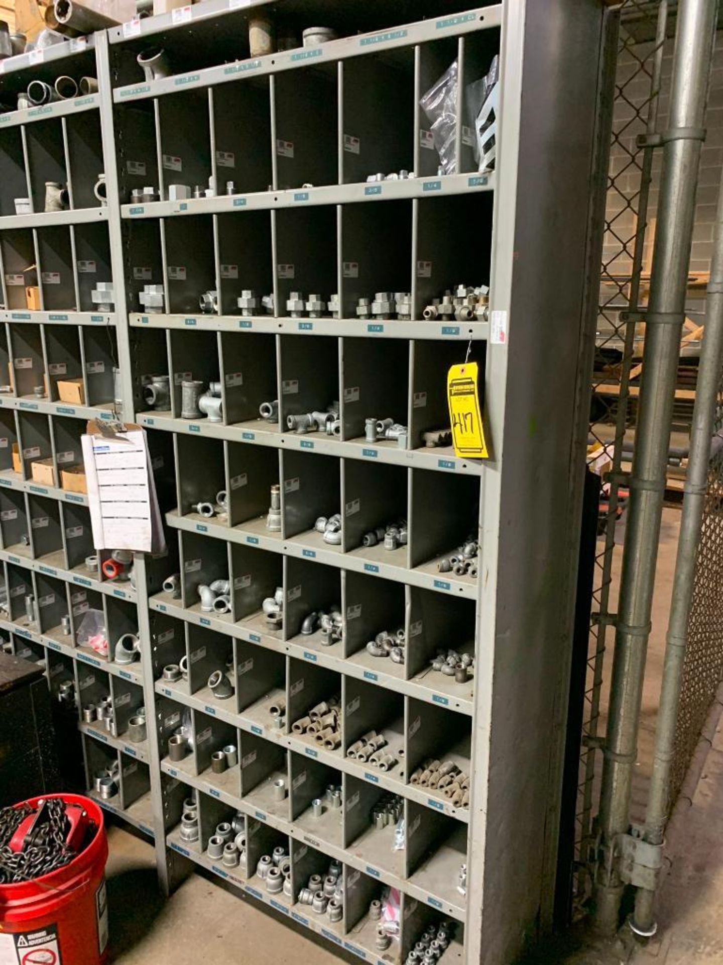 (10x) Bays of Assorted Shelving w/ Pipe Fittings, Pipe Nipples, Elbows, Connectors, Tees, Hardware