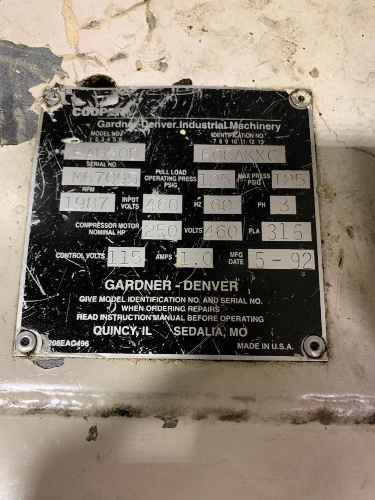 1992 Gardner Denver Air Compressor, Model AEUSOD, 460/60/3, S/N M67095, 56,154 Hours, Benshaw Motor - Image 8 of 11