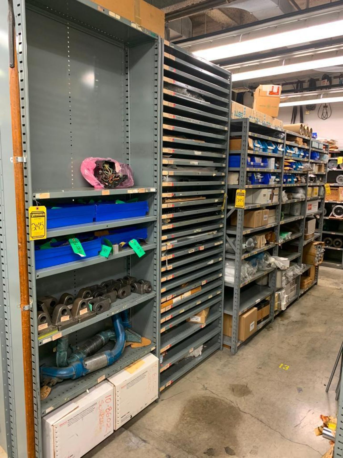 (10x) Bays of Clip Style Shelving w/ Content of Rollers, Roller Chain, Pulleys, Sprockets, Gears, Pa