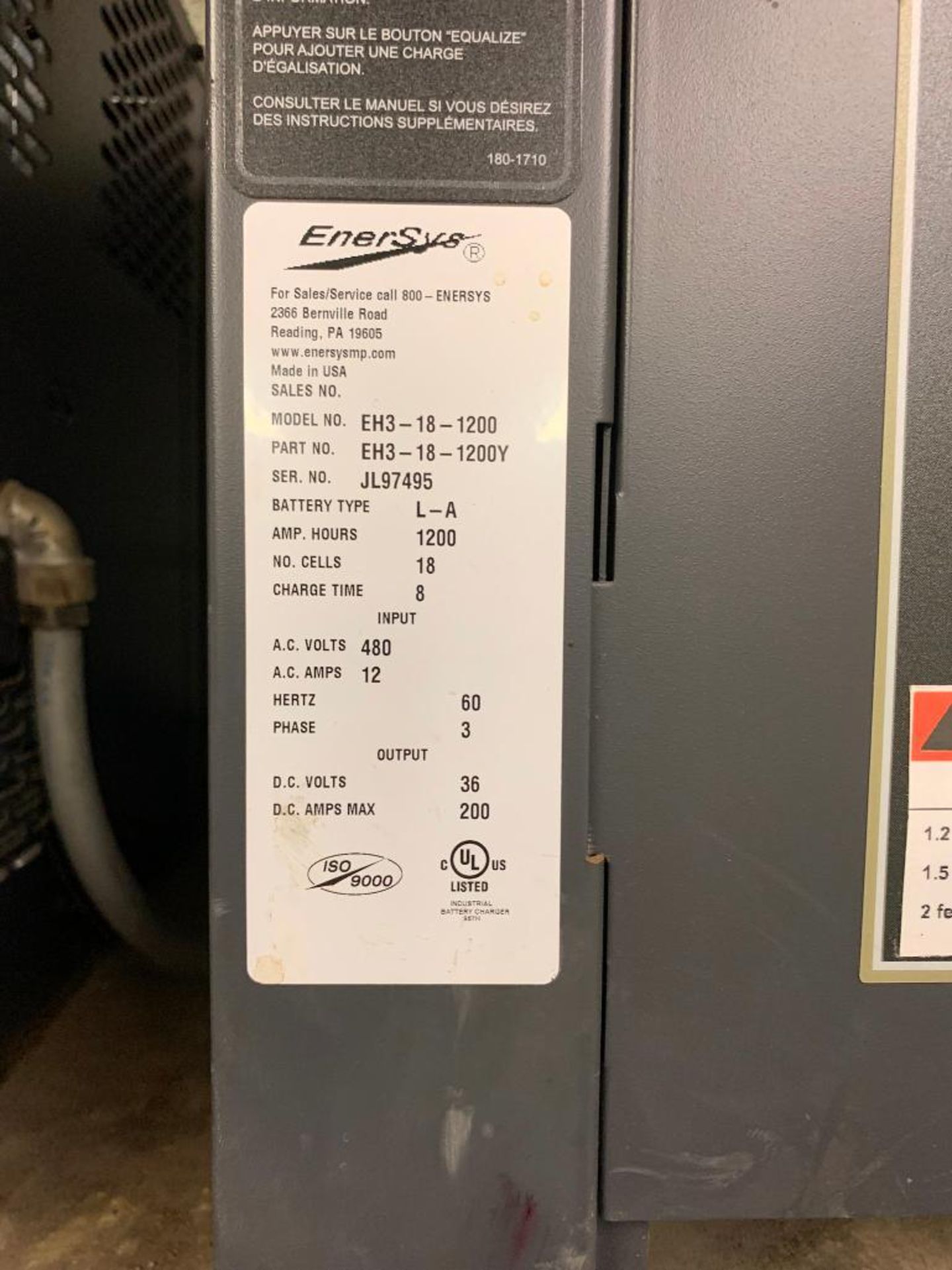 Enersys Enforcer 36V Battery Charger, Model EH3-18-1200, S/N JL97495 - Image 3 of 3