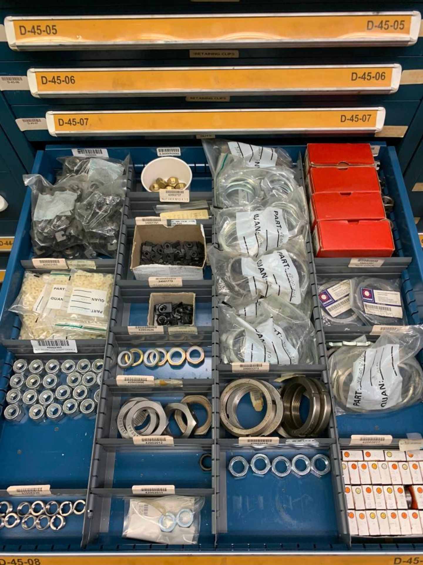 Vidmar 13-Drawer Cabinet w/ Assorted O-Rings, Retaining Clips, Nuts, Legend Plates, Concrete Anchors - Image 14 of 20