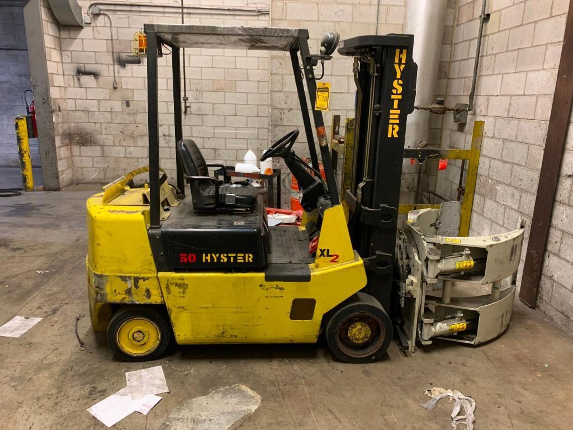 Hyster 5,000 LB. Capacity LPG Forklift, Model S50XL, 3-Stage Mast, Cascade Roll Clamp, Model 45F-RCP