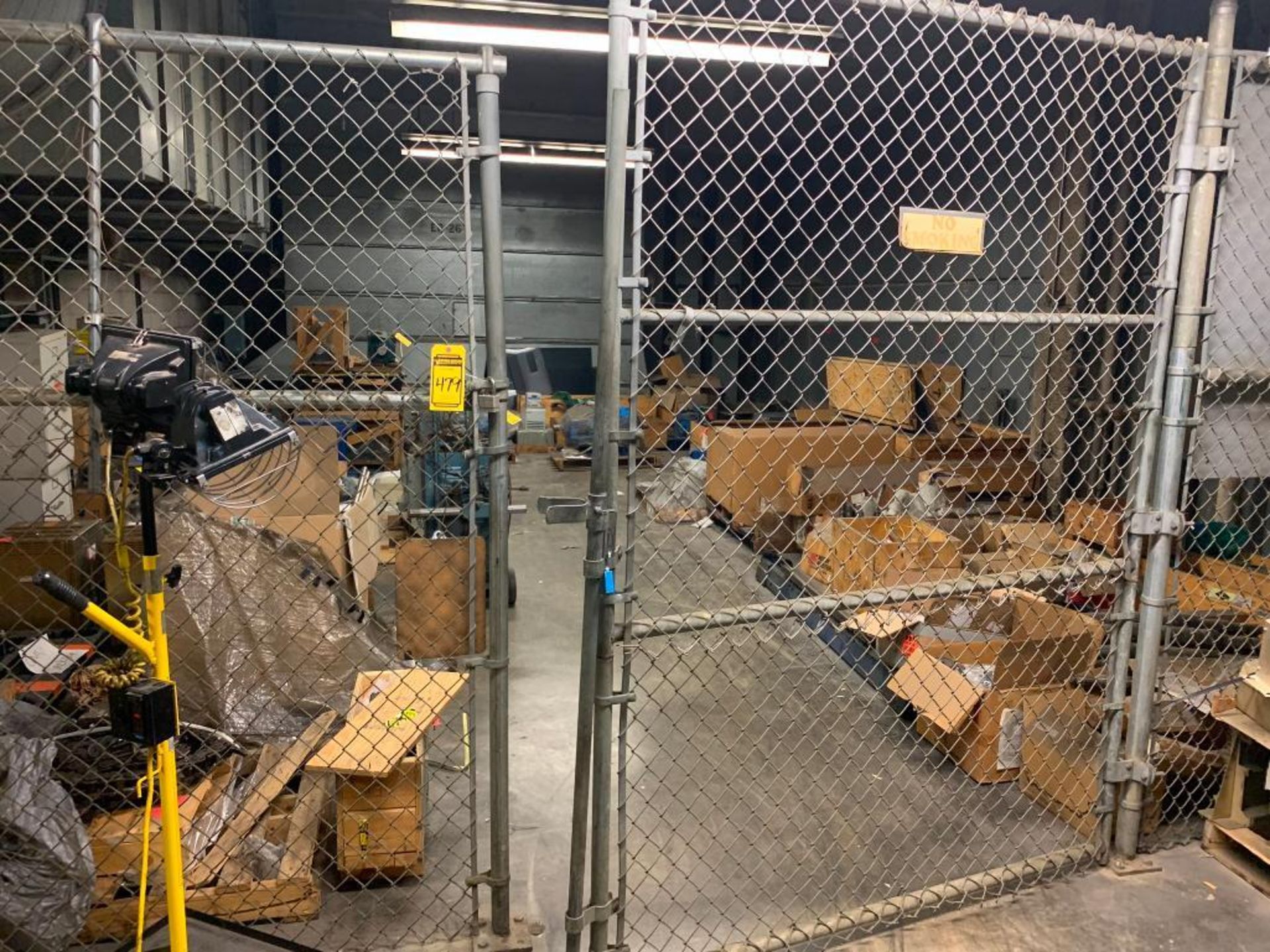 Items in Caged Area; Unitek Cutting Machine, Model 325-9H, 440 V, S/N 21787, Assorted Electric Motor