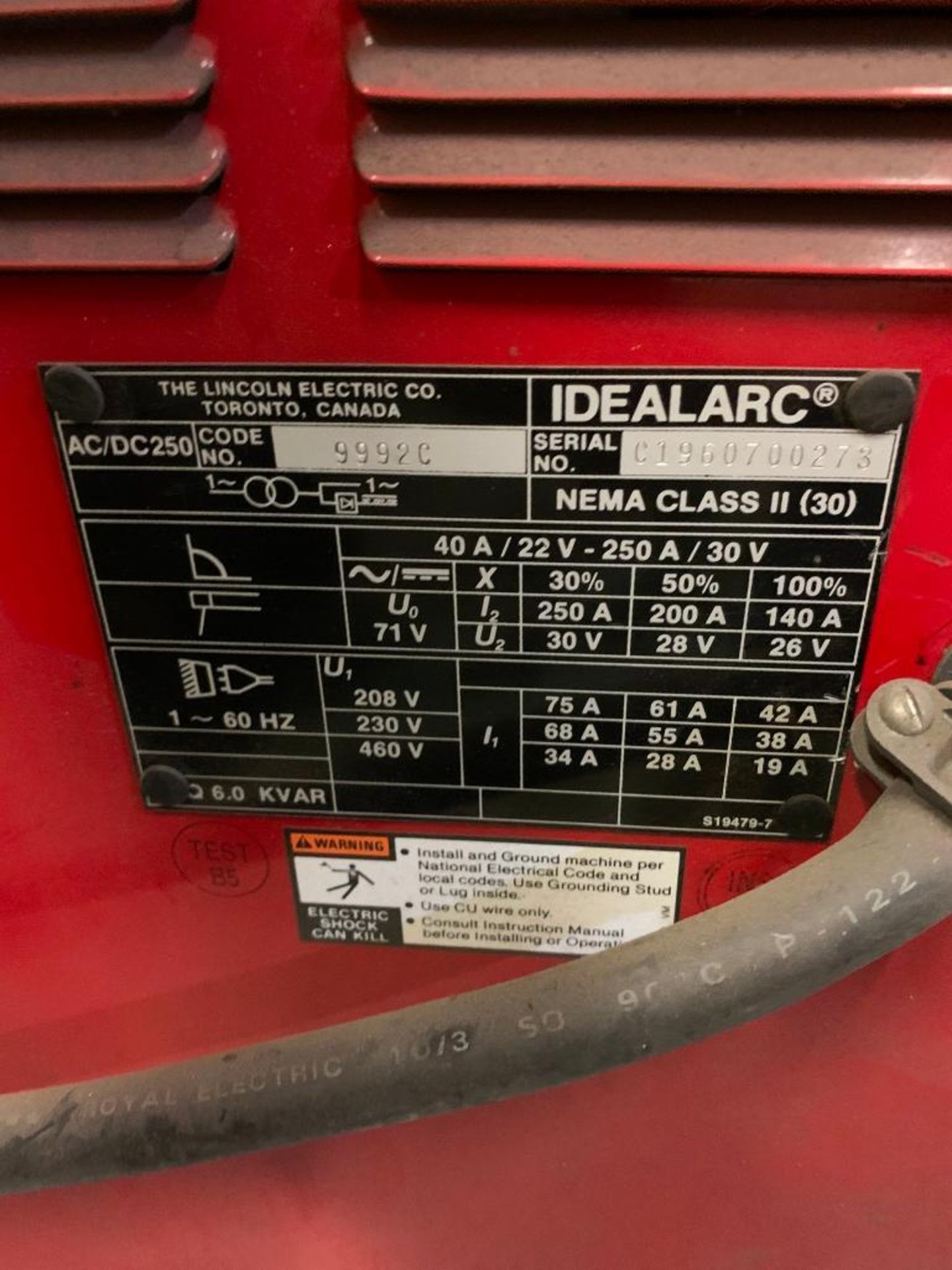 Lincoln Electric Idealarc 250 CC AC/DC Welder, S/N C1960700273 - Image 5 of 7