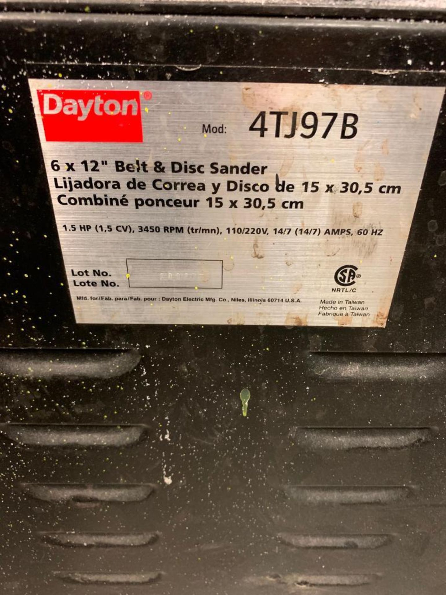 Dayton 6 X 12 Belt & Disc Grinder, Model 4TJ97B, 1.5-HP, 110/220 V - Image 3 of 3