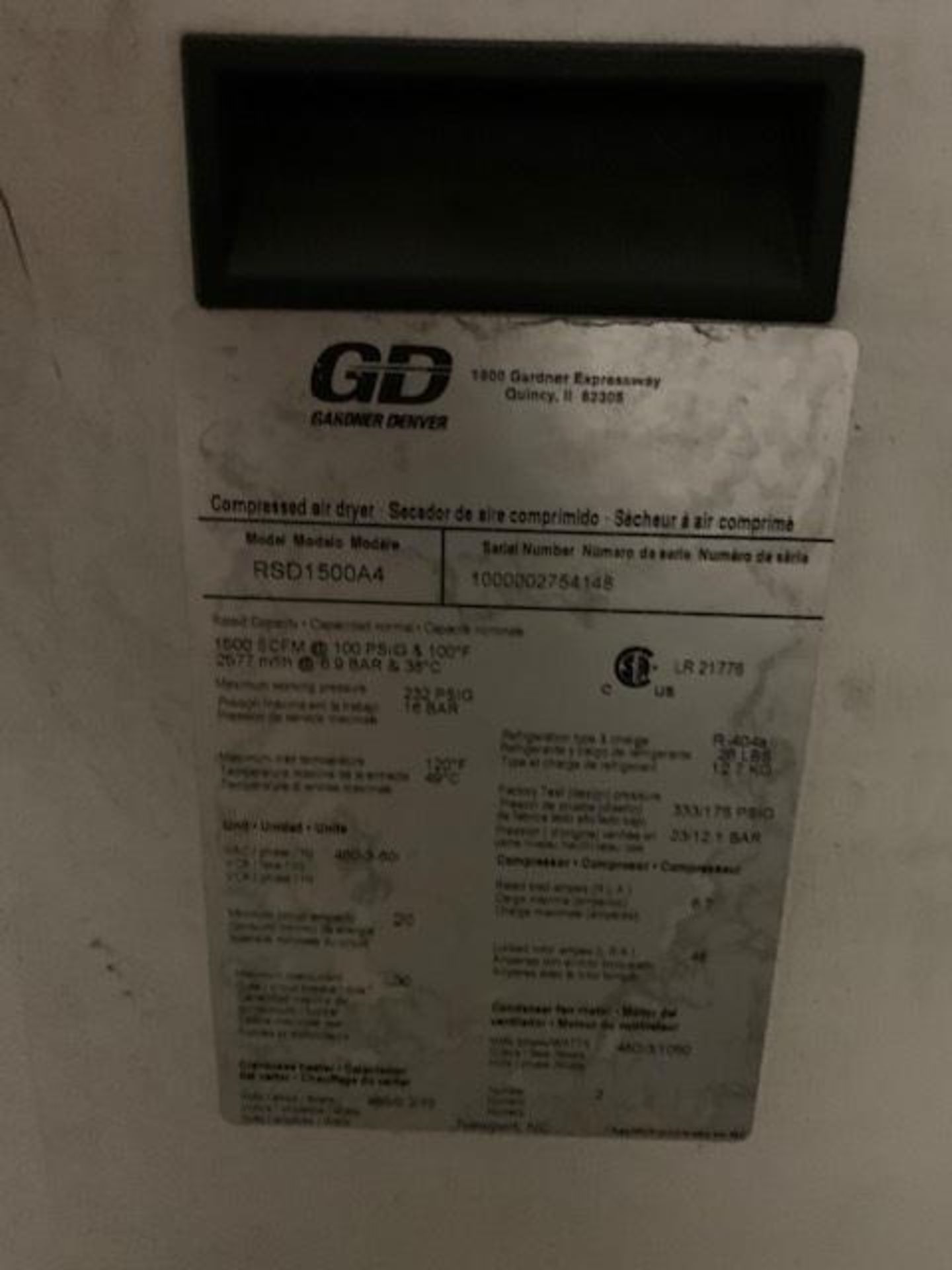 Gardner Denver Air Dryer, Model RSD1500A4, R-40A Refrigerant, S/N 1000002754148, 96,308 Hours, Gardn - Image 4 of 7