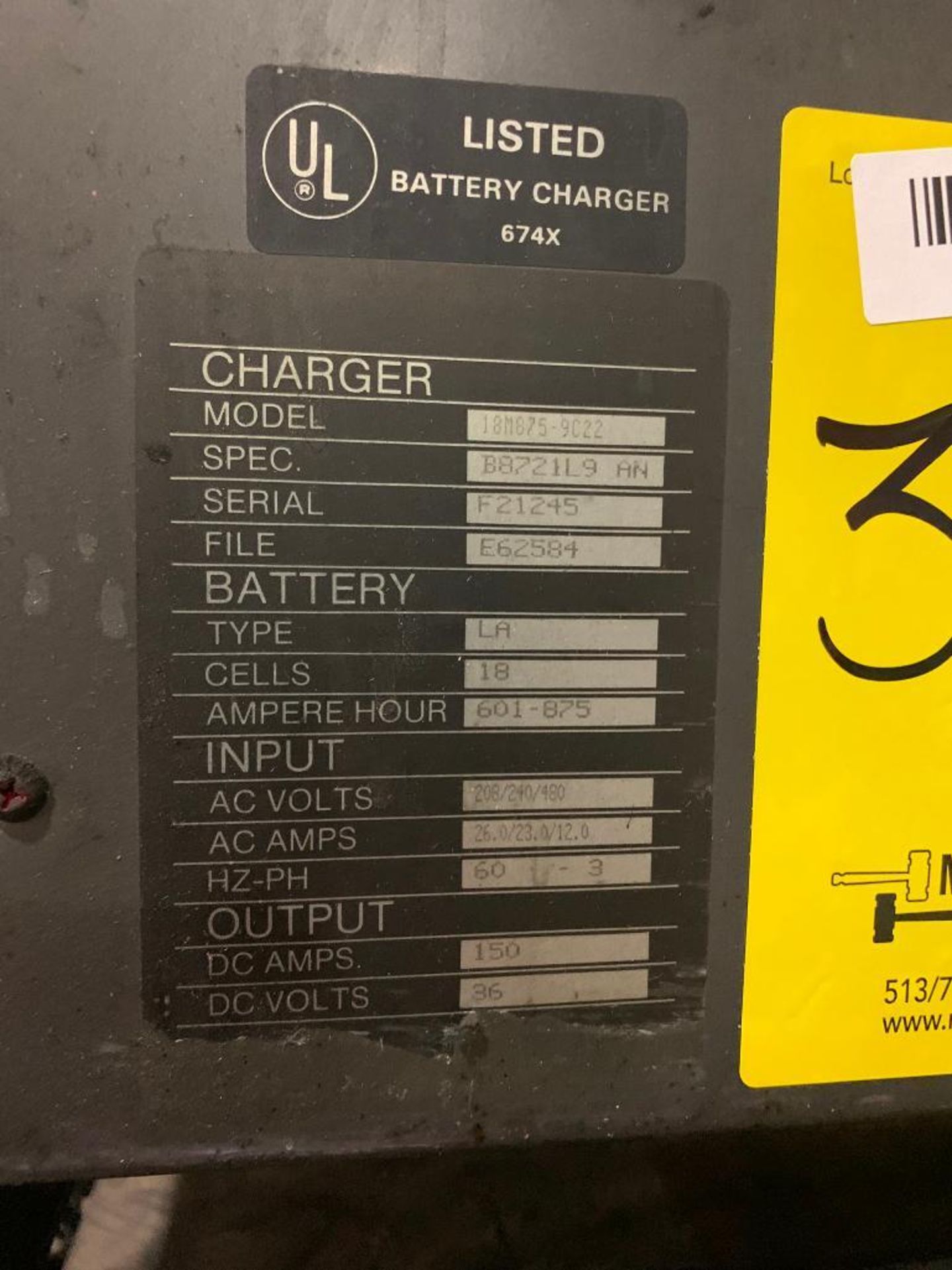 Mac 36 V Battery Charger, Model 18M875-9C22, S/N F21245 - Image 3 of 3