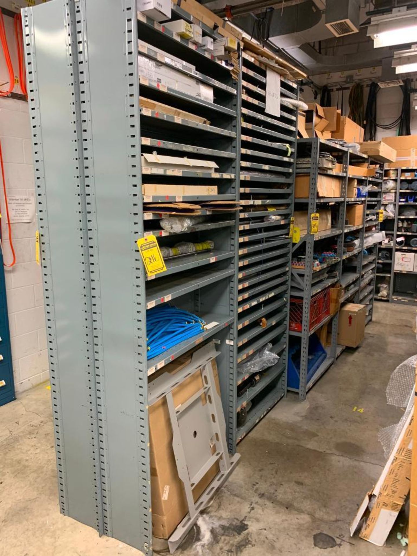 (10x) Bays of Clip Style Shelving w/ Content of Hose Assemblies, Shafts, Gears, Load Cylinder, Power