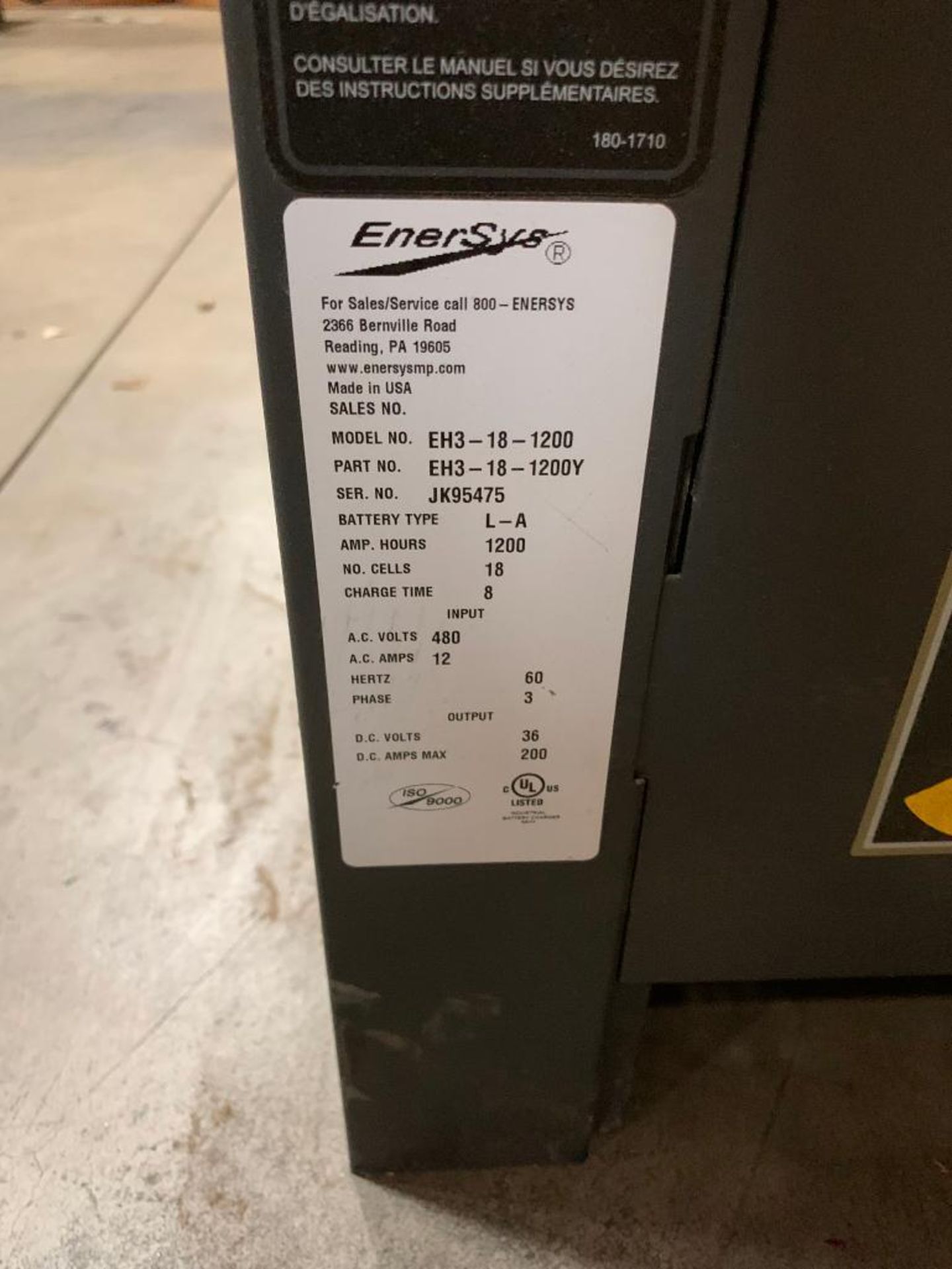 Enersys Enforcer 36V Battery Charger, Model EH3-18-1200, S/N JK95475 - Image 3 of 3