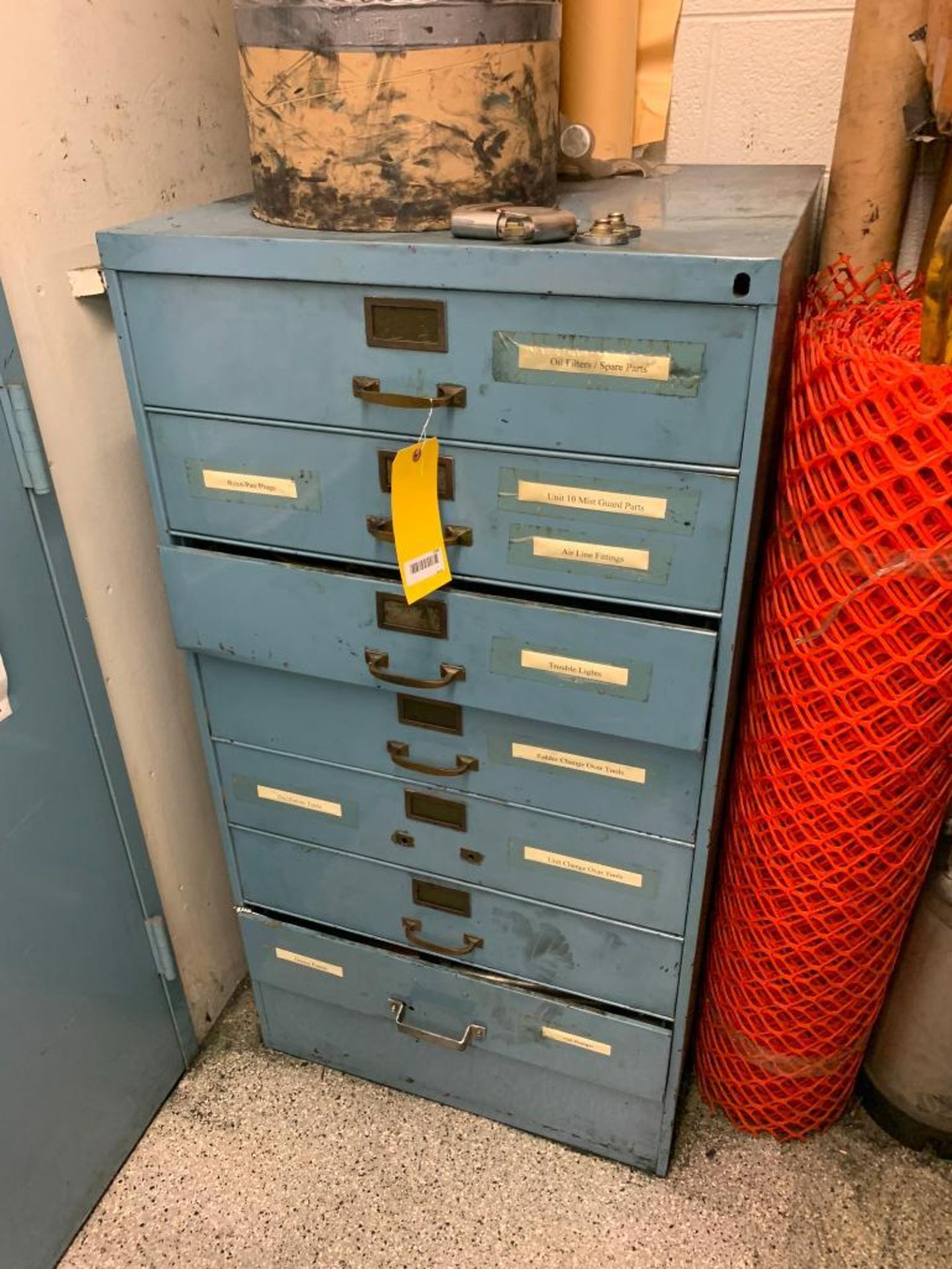 7-Drawer Cabinet w/ Assorted Tools, Spare Parts, & Steel Frame Table