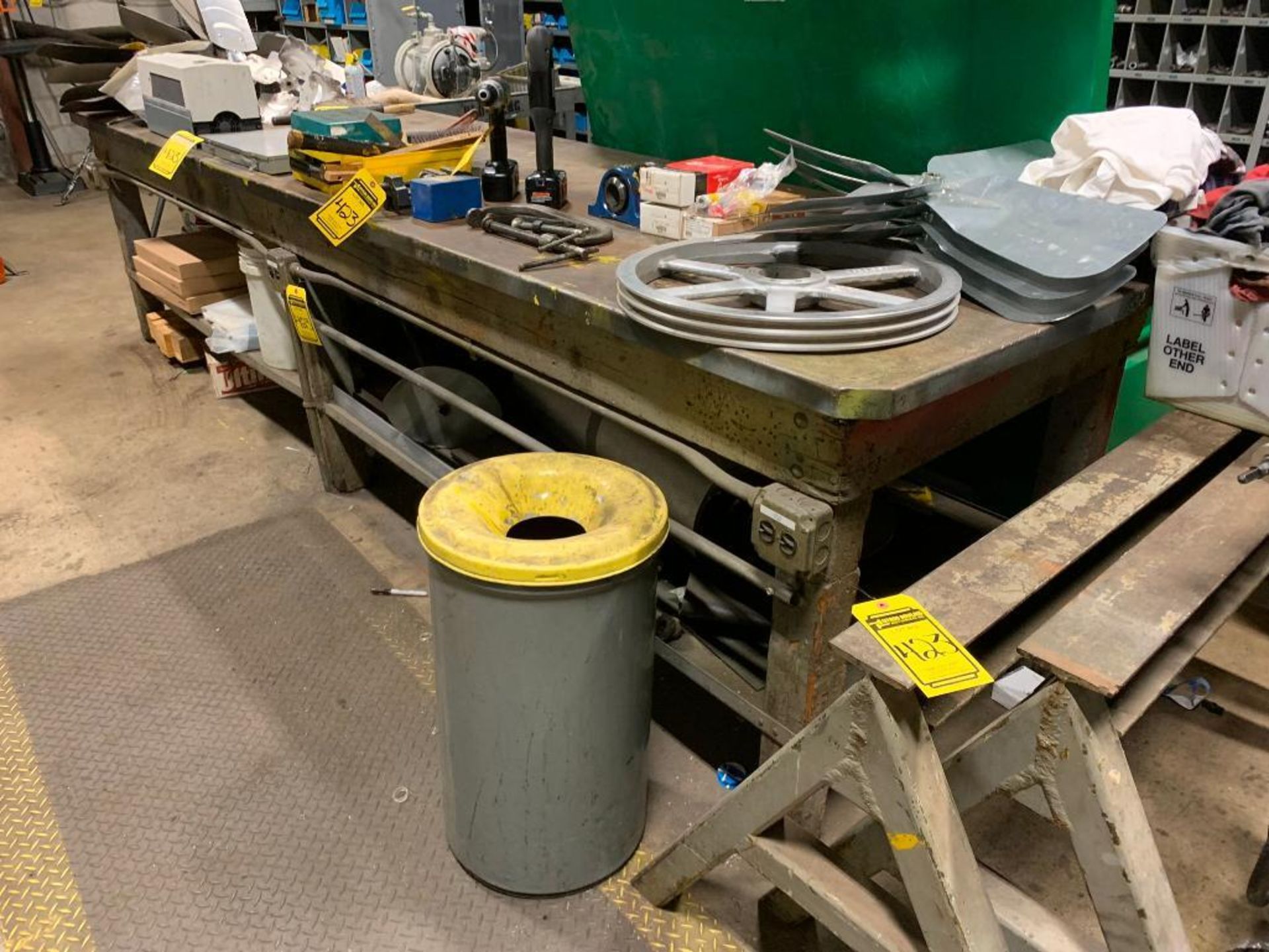 Wood Workbench w/ Content on & Underneath; Fan Blades, ABB ACH550 Drive, Dwyer Test Kit, O-Ring Kits