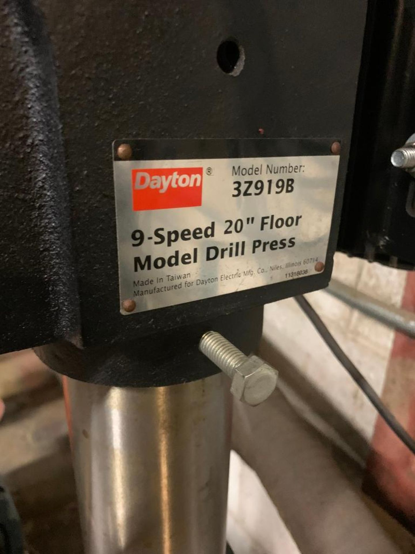 Dayton 20" Pedestal Drill Press, Model 3Z919B, 9-Speed - Image 3 of 3