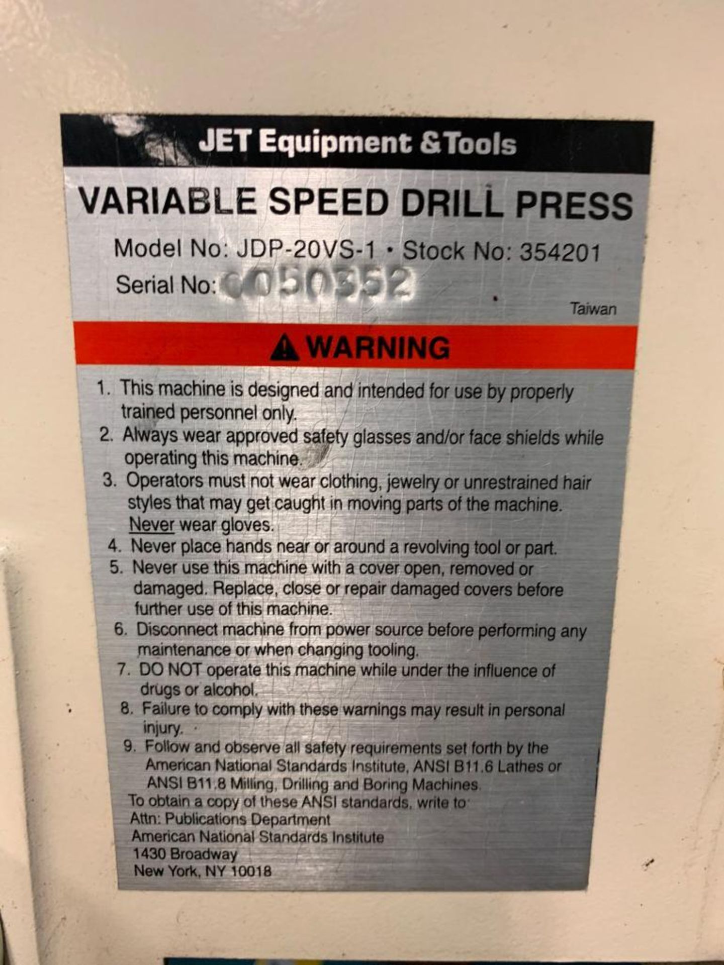 Jet Variable Speed Drill Press, Model JDP-20VS-1, 15" X 23-5/8" Table, S/N 0050352 - Image 6 of 6