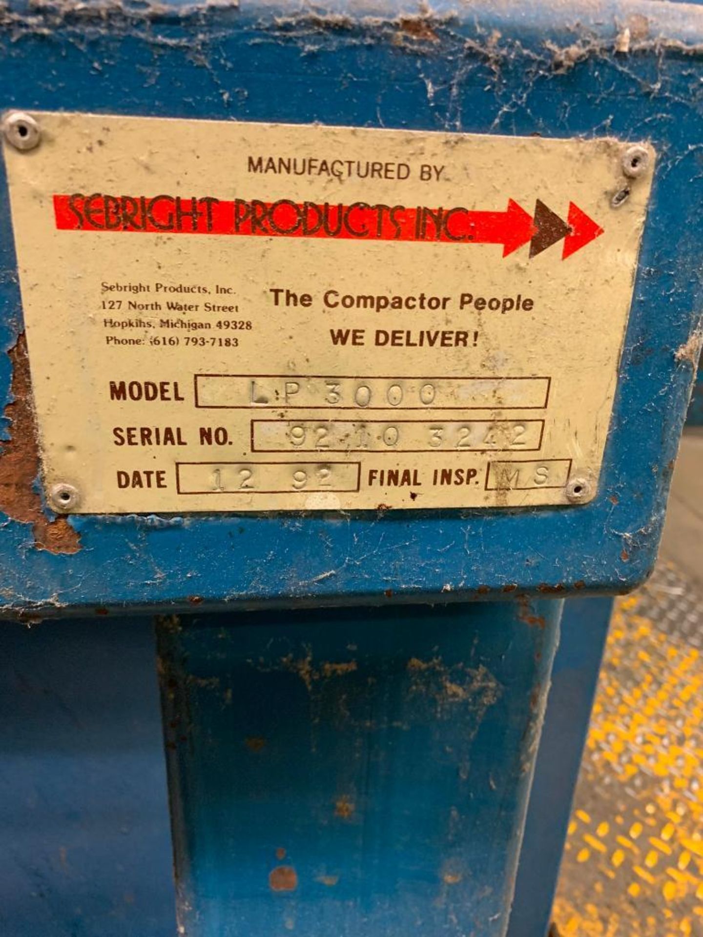 1992 Sebright Products Inc Garbage Compactor, Model LP5000, S/N 92103242, Compactor Only (No Contain - Image 8 of 8