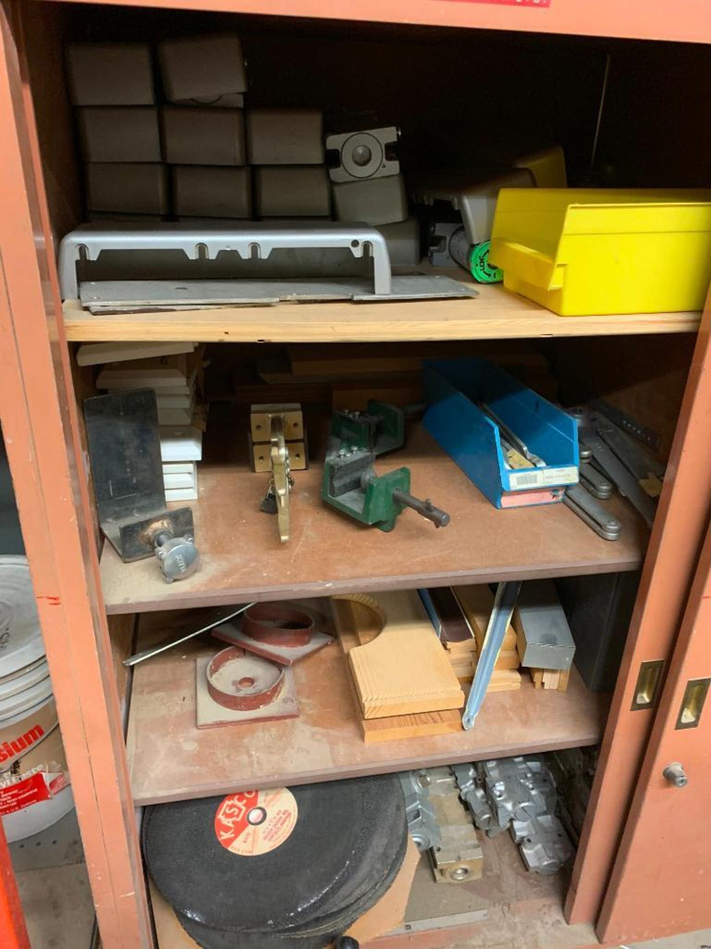 Remaining Contents of Wood Shop; Shelves, Wood Cabinets & Lockers w/ Hardware, Hand Tools, Brackets, - Image 17 of 34