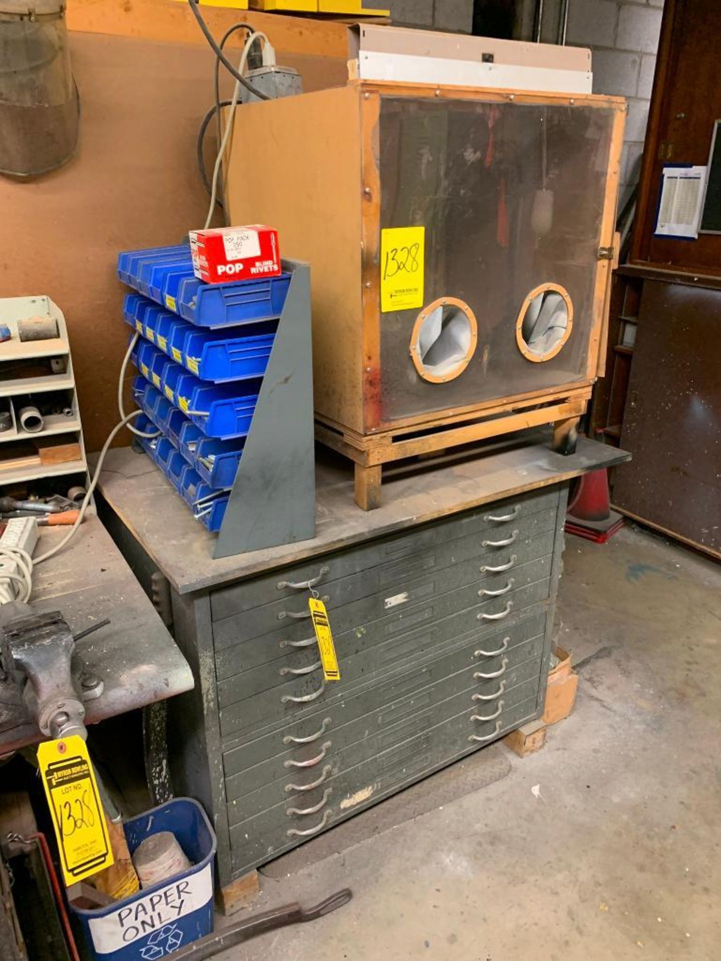 10-Drawer Work Bench w/ 3" Vise, Blueprint Cabinet w/ Clamp, Hand Tools, & Misc. Hardware, Wood Rack - Image 13 of 25