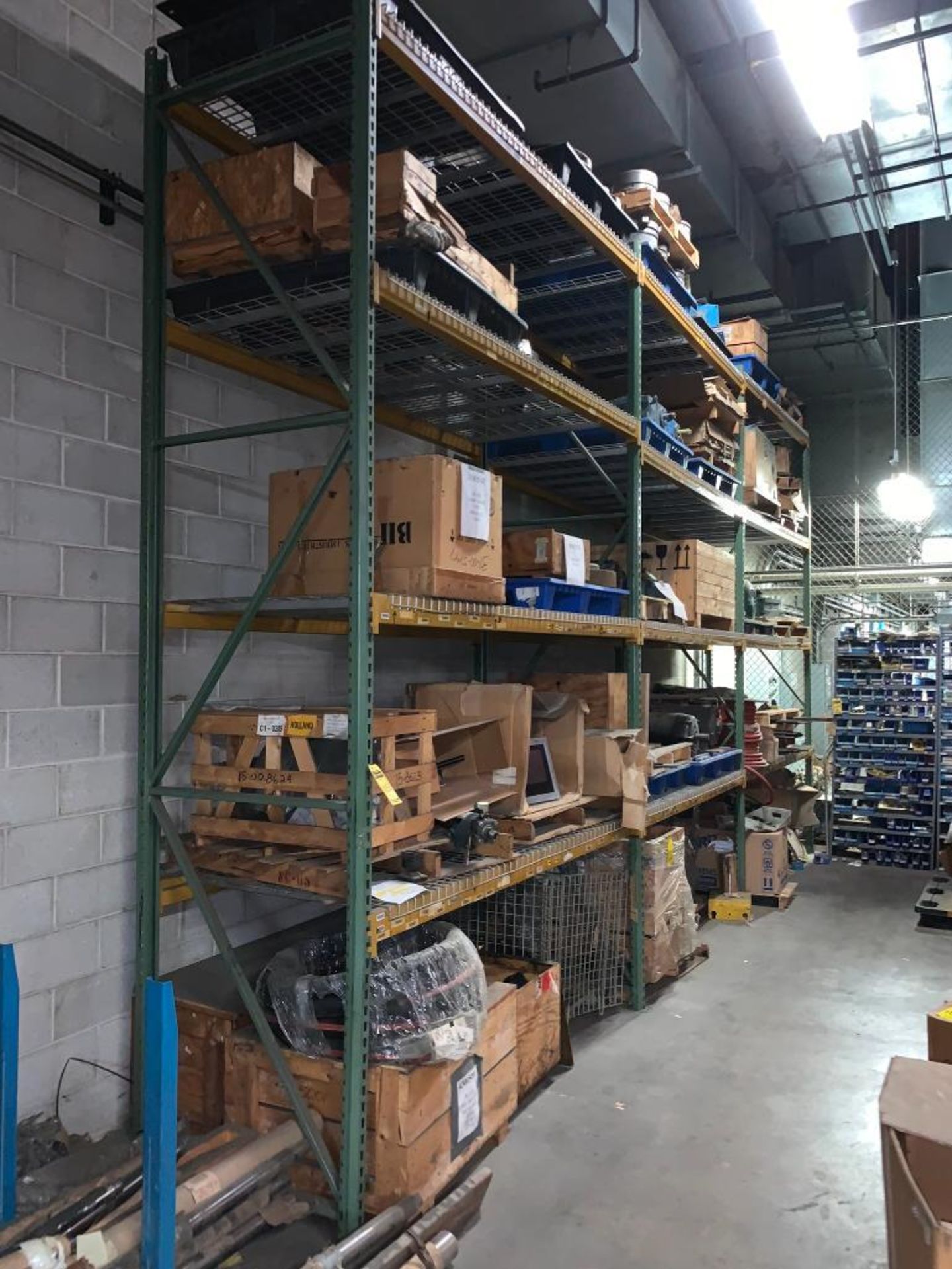 (5x) Bays of Assorted Pallet Rack w/ Content; Rollers, Hose, Electric Motors, Assorted Machine Parts