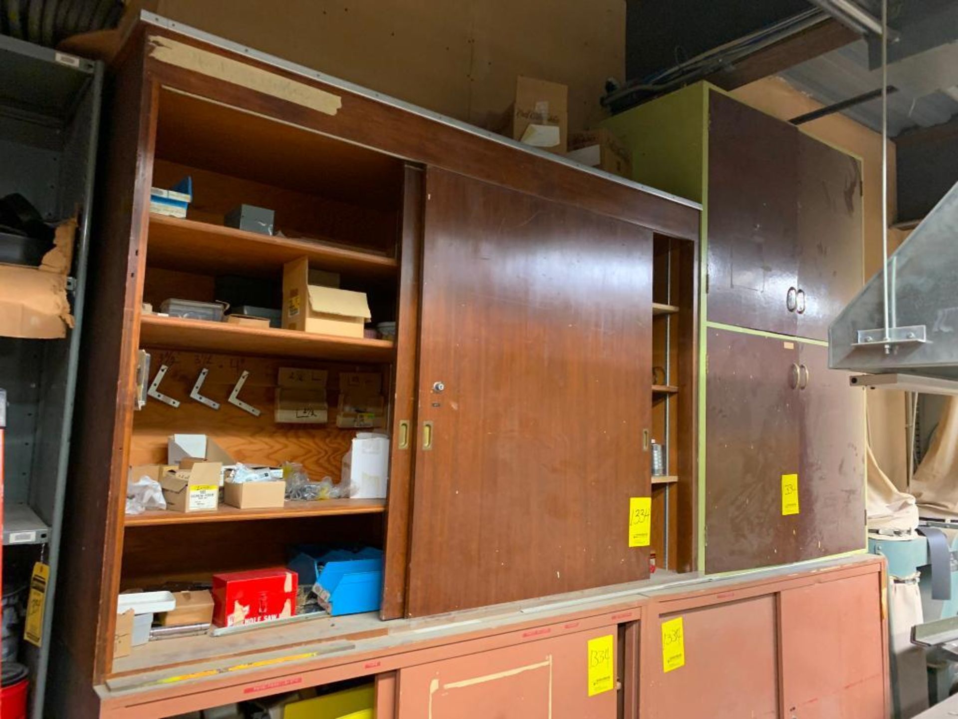 Remaining Contents of Wood Shop; Shelves, Wood Cabinets & Lockers w/ Hardware, Hand Tools, Brackets, - Image 14 of 34