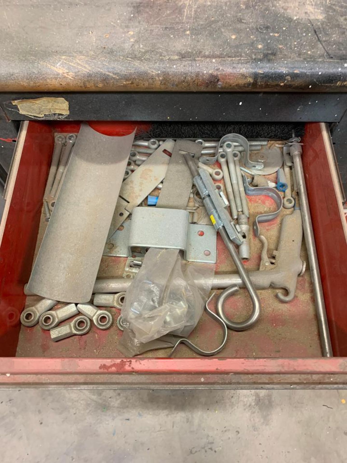 10-Drawer Work Bench w/ 3" Vise, Blueprint Cabinet w/ Clamp, Hand Tools, & Misc. Hardware, Wood Rack - Image 6 of 25