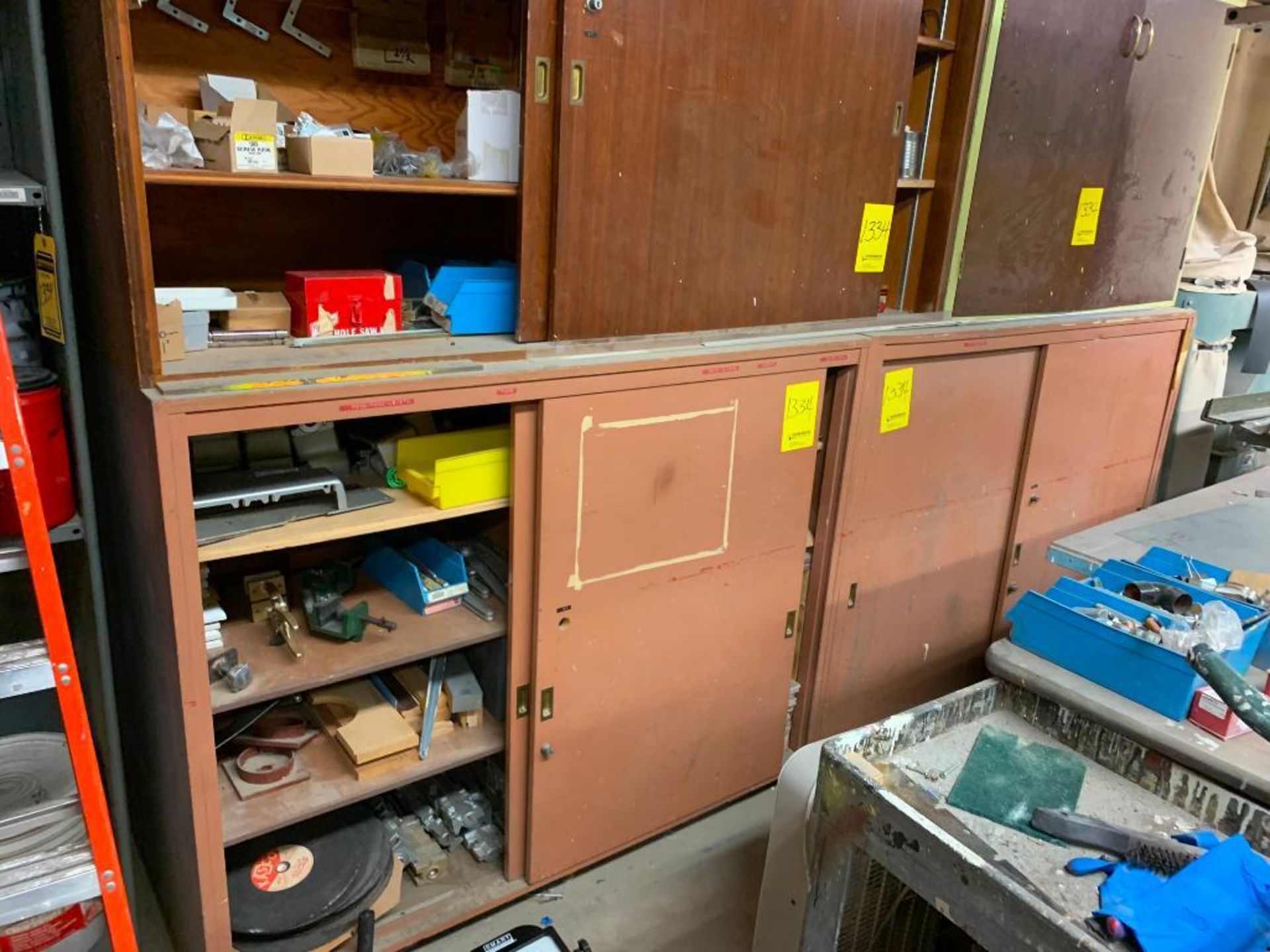 Remaining Contents of Wood Shop; Shelves, Wood Cabinets & Lockers w/ Hardware, Hand Tools, Brackets, - Image 15 of 34