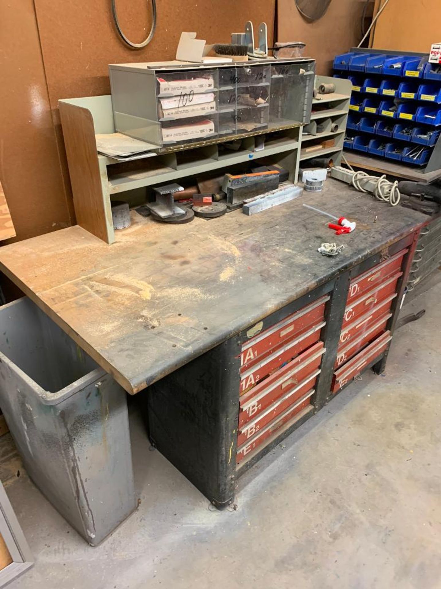 10-Drawer Work Bench w/ 3" Vise, Blueprint Cabinet w/ Clamp, Hand Tools, & Misc. Hardware, Wood Rack - Image 4 of 25