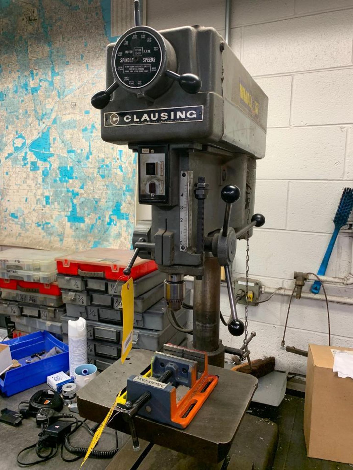 Clausing Tabletop Drill Press, Model 1680, 10" X 14" Table, Palmgren 4" Machine Vice, S/N 531293