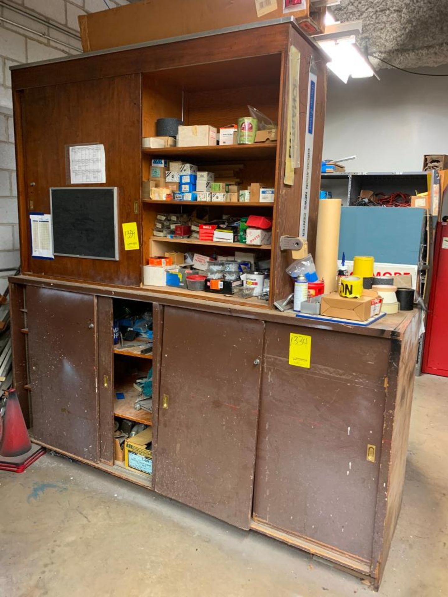 Remaining Contents of Wood Shop; Shelves, Wood Cabinets & Lockers w/ Hardware, Hand Tools, Brackets,