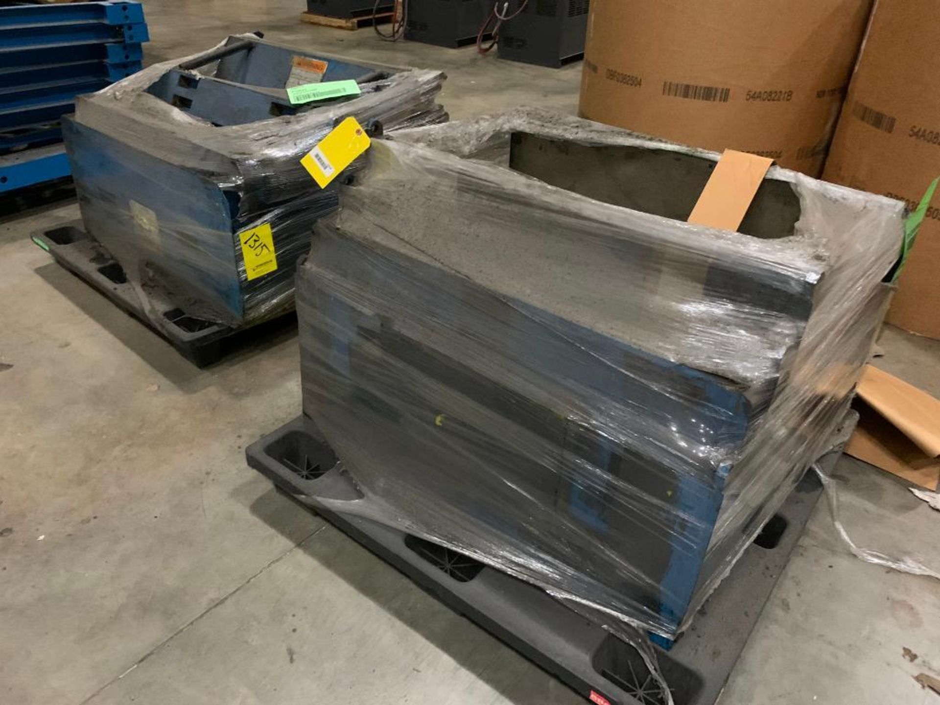 (4) Pallets of Rack Uprights, Steel Shelf Fixtures, Press Parts & Steel Fixtures