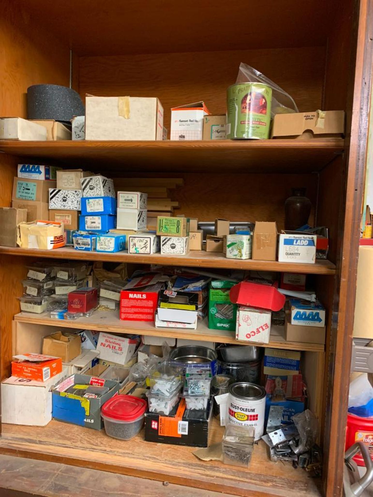 Remaining Contents of Wood Shop; Shelves, Wood Cabinets & Lockers w/ Hardware, Hand Tools, Brackets, - Image 2 of 34